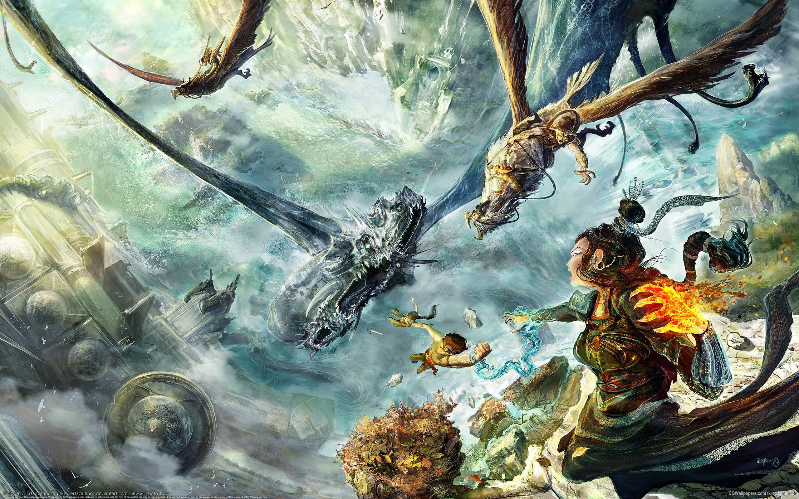 Battaglia fantasy, Grifoni, Arte digitale, 16:10 2K, sfondo widescreen