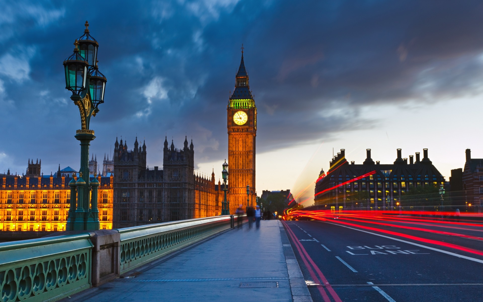 Big Ben, Westminster Bridge, Scie luminose, Londra, 16:10 Full HD, sfondo widescreen