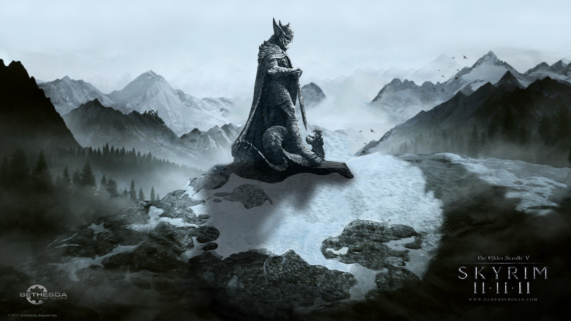 The Elder Scrolls V: Skyrim, Statua di Talos, Montagne, Nebbia, Logo, sfondo Full HD per PC