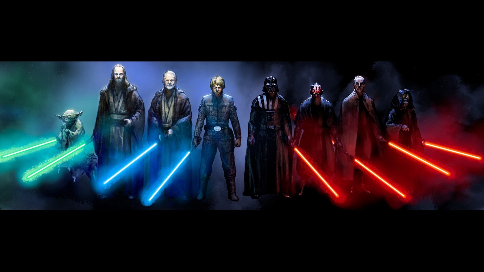 Yoda, Jedi, Sith, Darth Vader, Darth Maul, Spade laser, 16:9 Full HD, sfondo widescreen