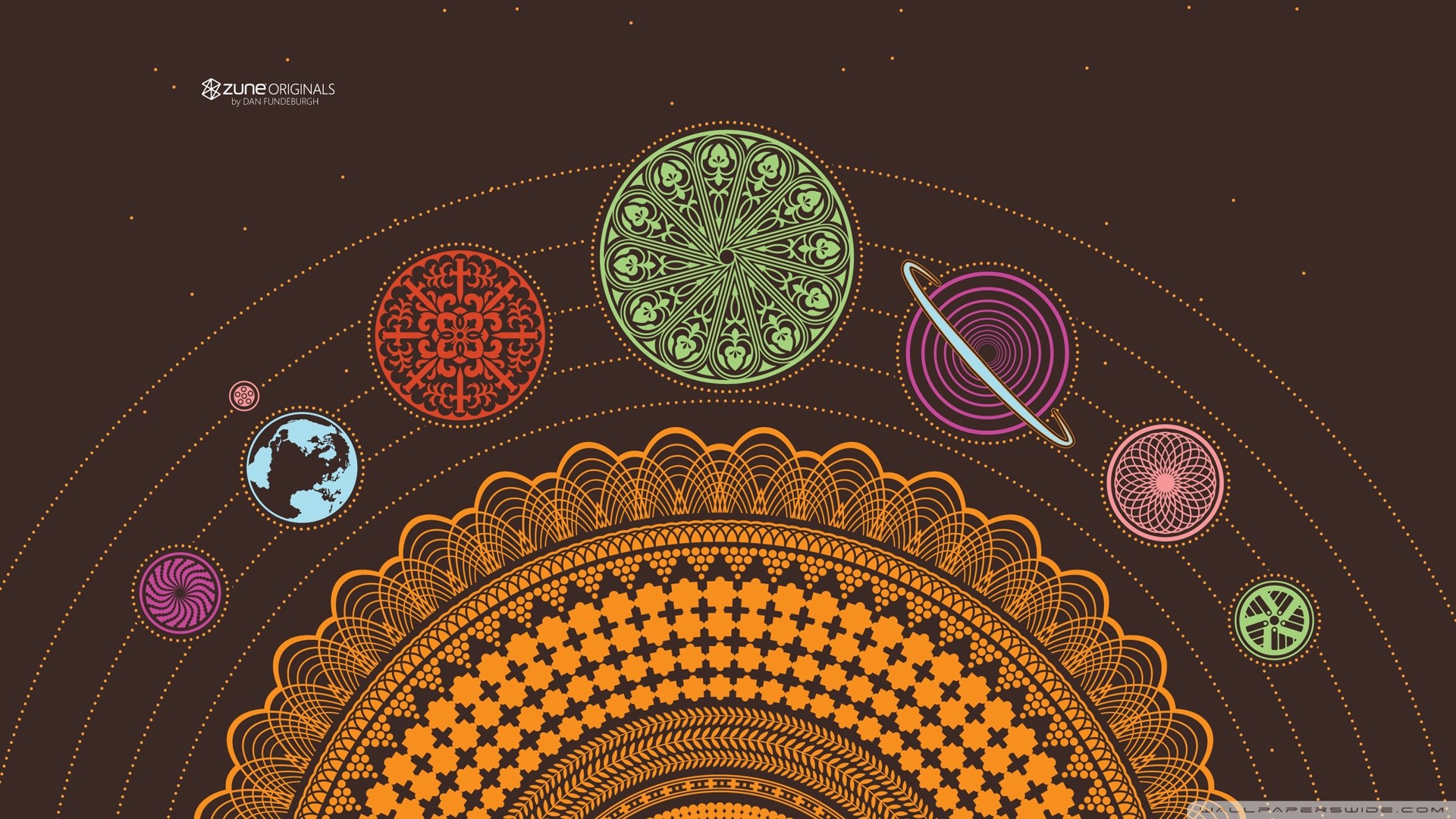 Sistema solare, Mandala, Zune Originals, Pianeti decorativi, Illustrazione, sfondo desktop 1920x1080