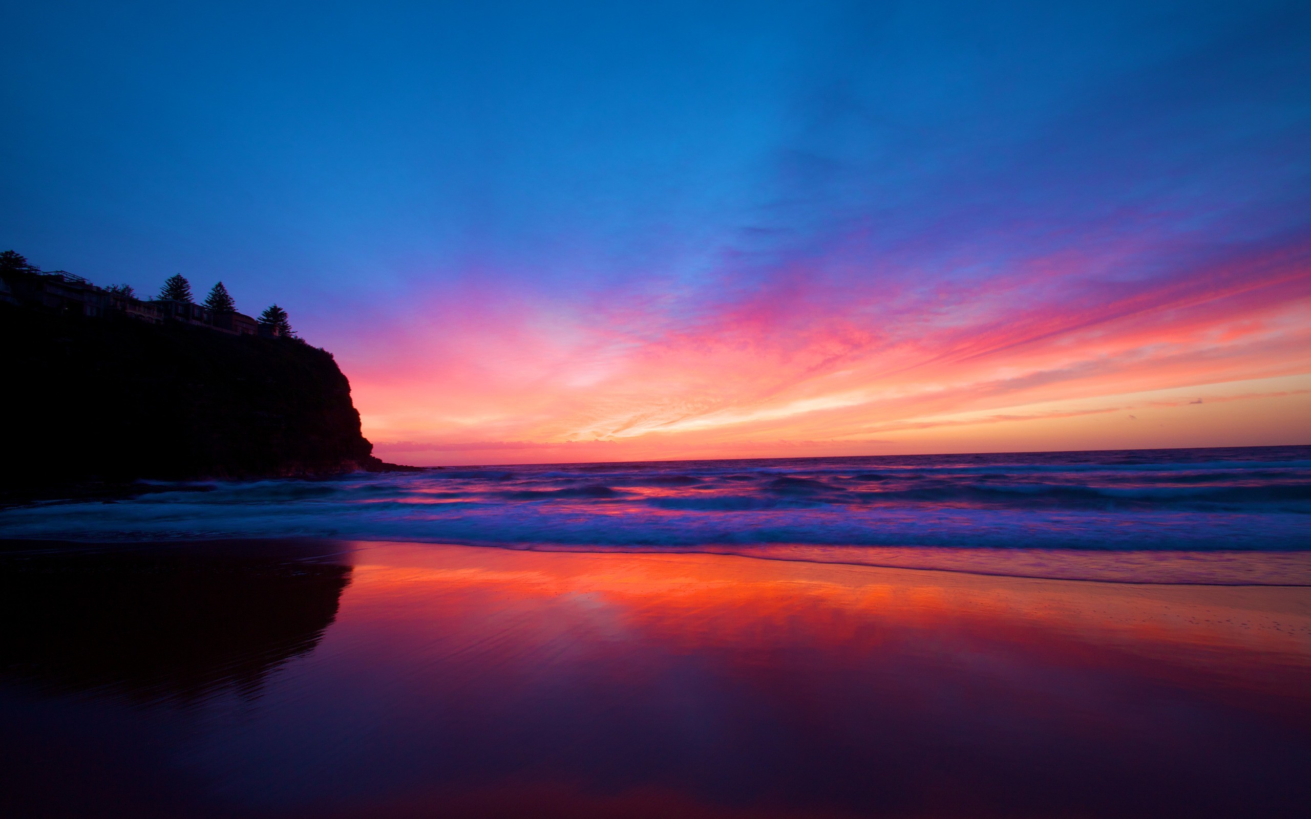 Costa, Scogliera, Tramonto sul mare, Riflesso, Blu e rosa, 2K, wallpaper per PC