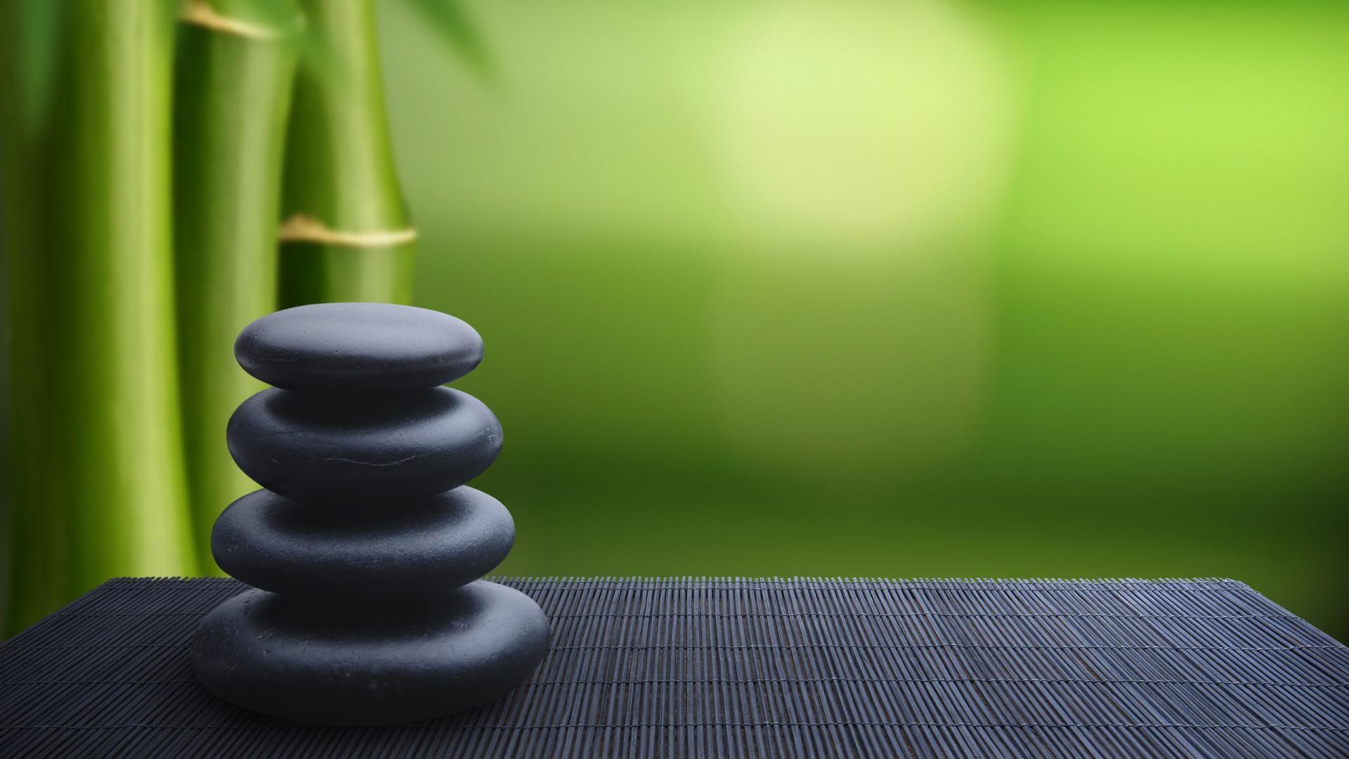 Pietre impilate, Bambù, Verde, Equilibrio, 16:9 Full HD, sfondo widescreen