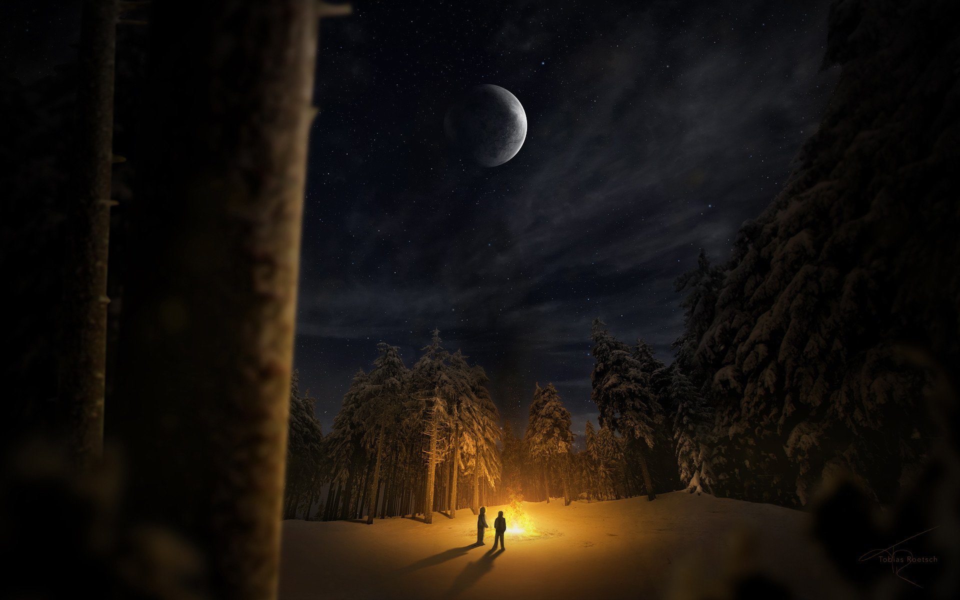 Foresta di notte, Falò, Luna crescente, Neve, Due figure, 1920x1200, sfondo MacBook Pro