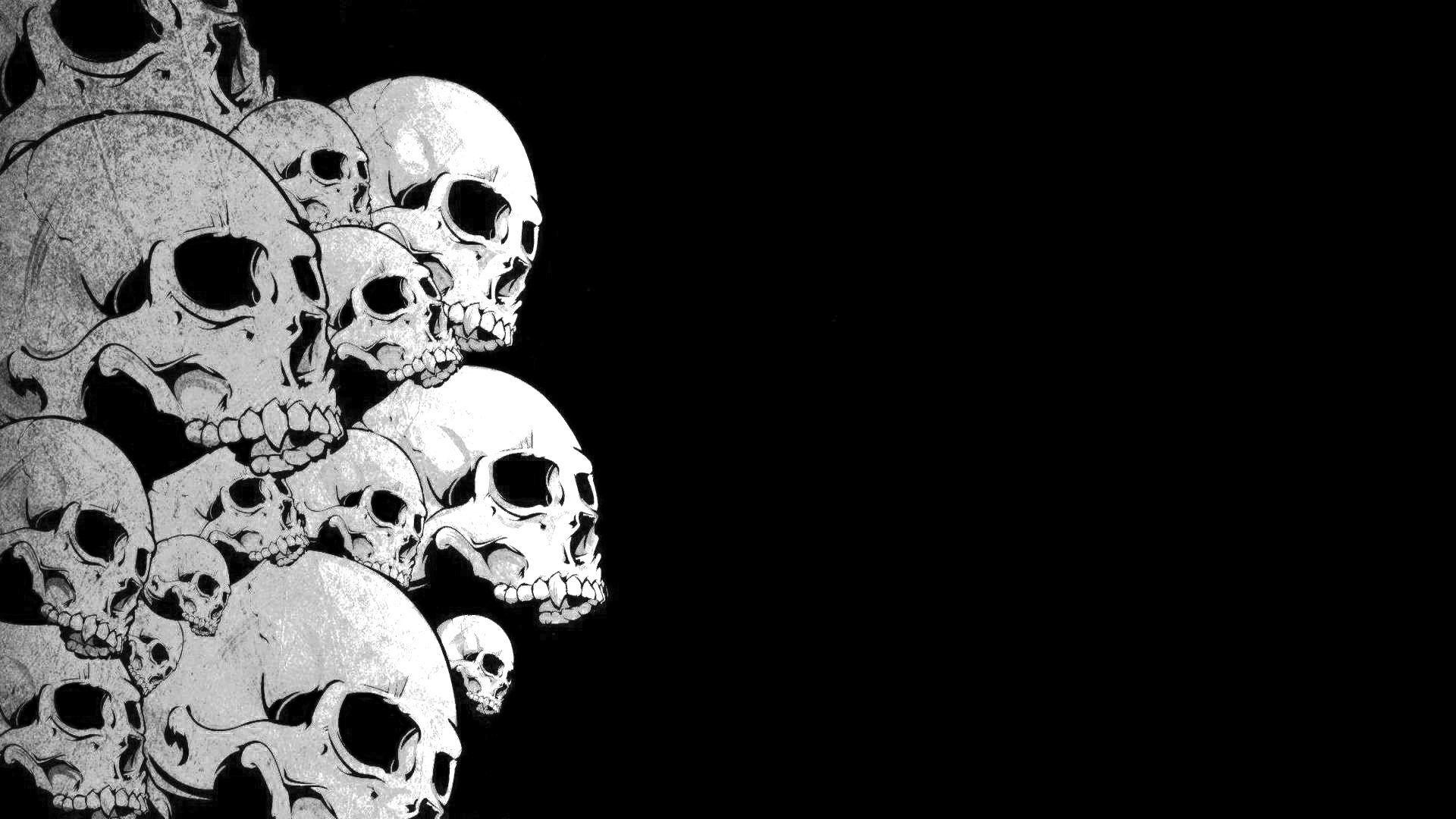 Teschi, Mucchio di teschi, Bianco e nero, Sfondo nero, 16:9 Full HD, wallpaper widescreen