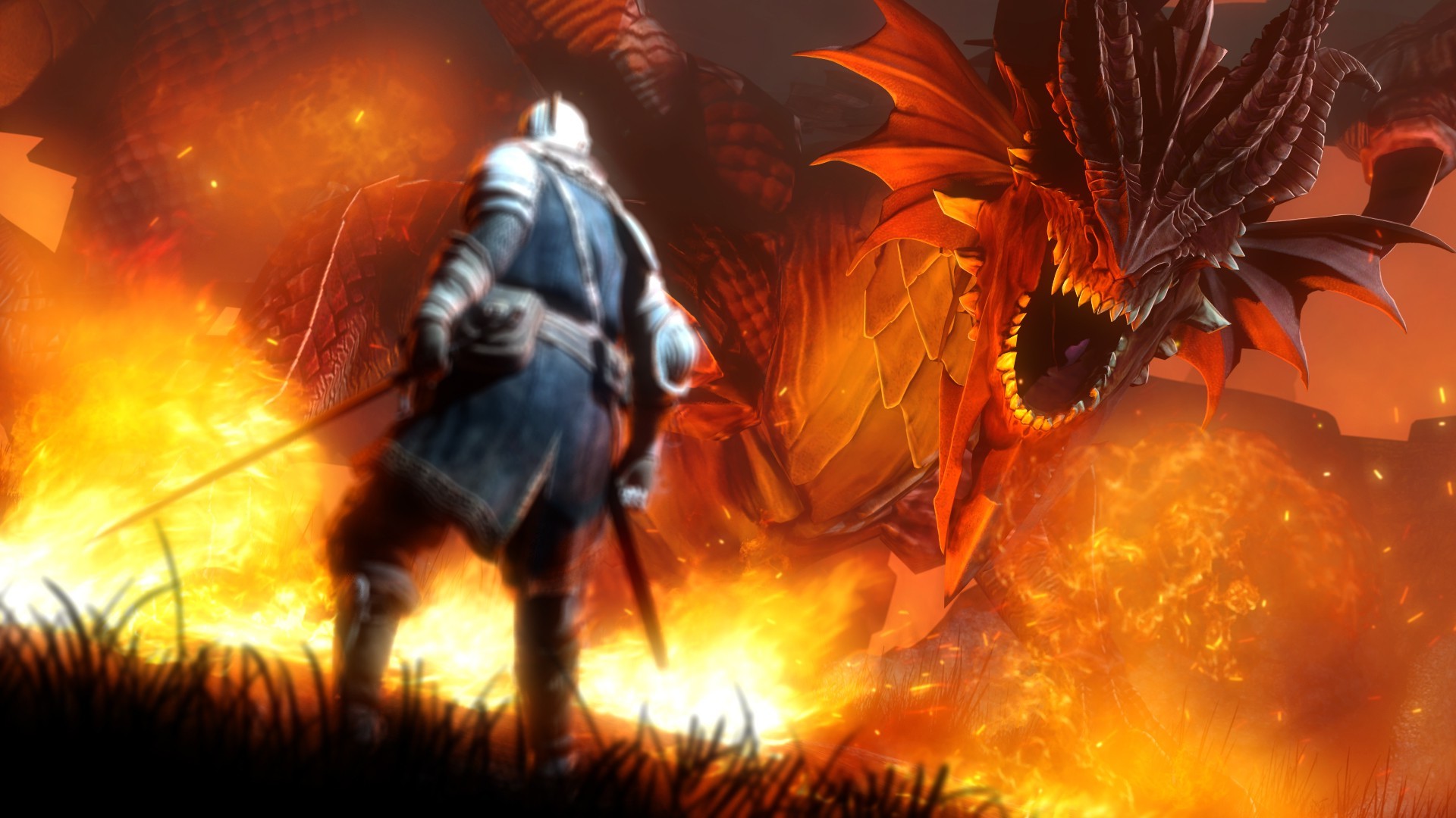 Dark Souls, Cavaliere, Drago rosso, Fuoco, 16:9 Full HD, sfondo widescreen