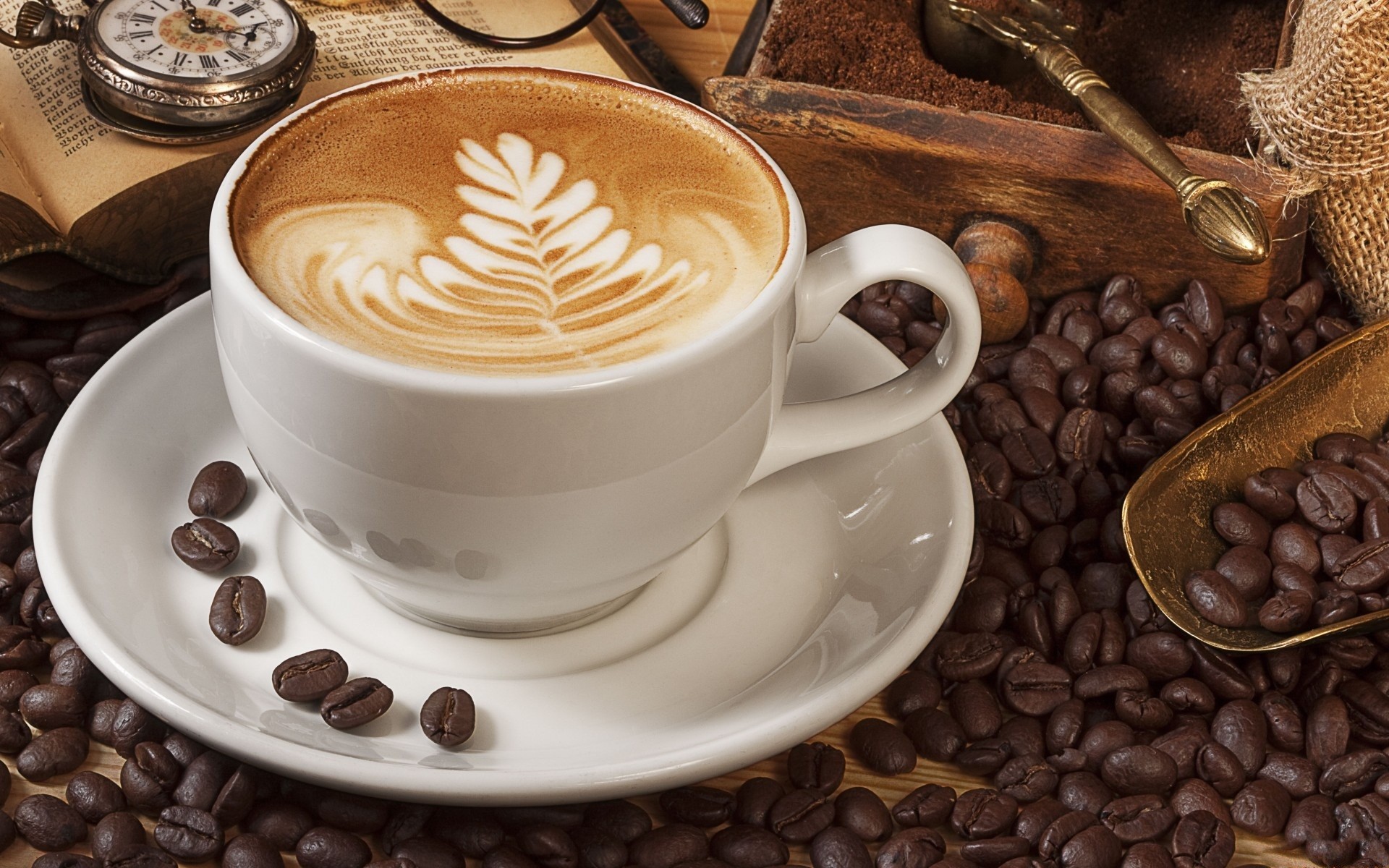 Cappuccino, Latte art, Chicchi di caffè, Tazza bianca, 1920x1200, sfondo MacBook Pro