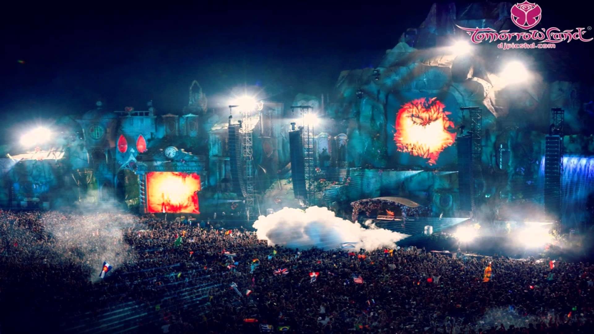 Tomorrowland, Main stage, Fumo, Folla, Notte, Full HD 1080p, sfondo desktop