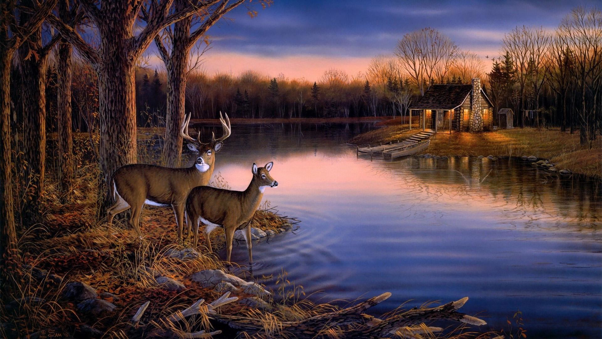 Cervi, Lago, Capanna, Dipinto, Autunno, Full HD, wallpaper desktop