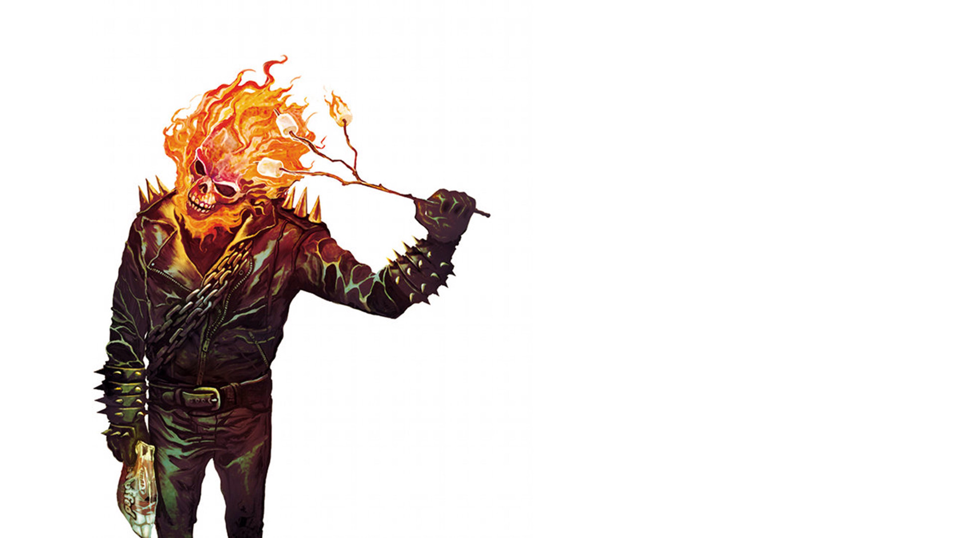 Ghost Rider, Johnny Blaze, Teschio infuocato, Sfondo bianco, Full HD, wallpaper per PC