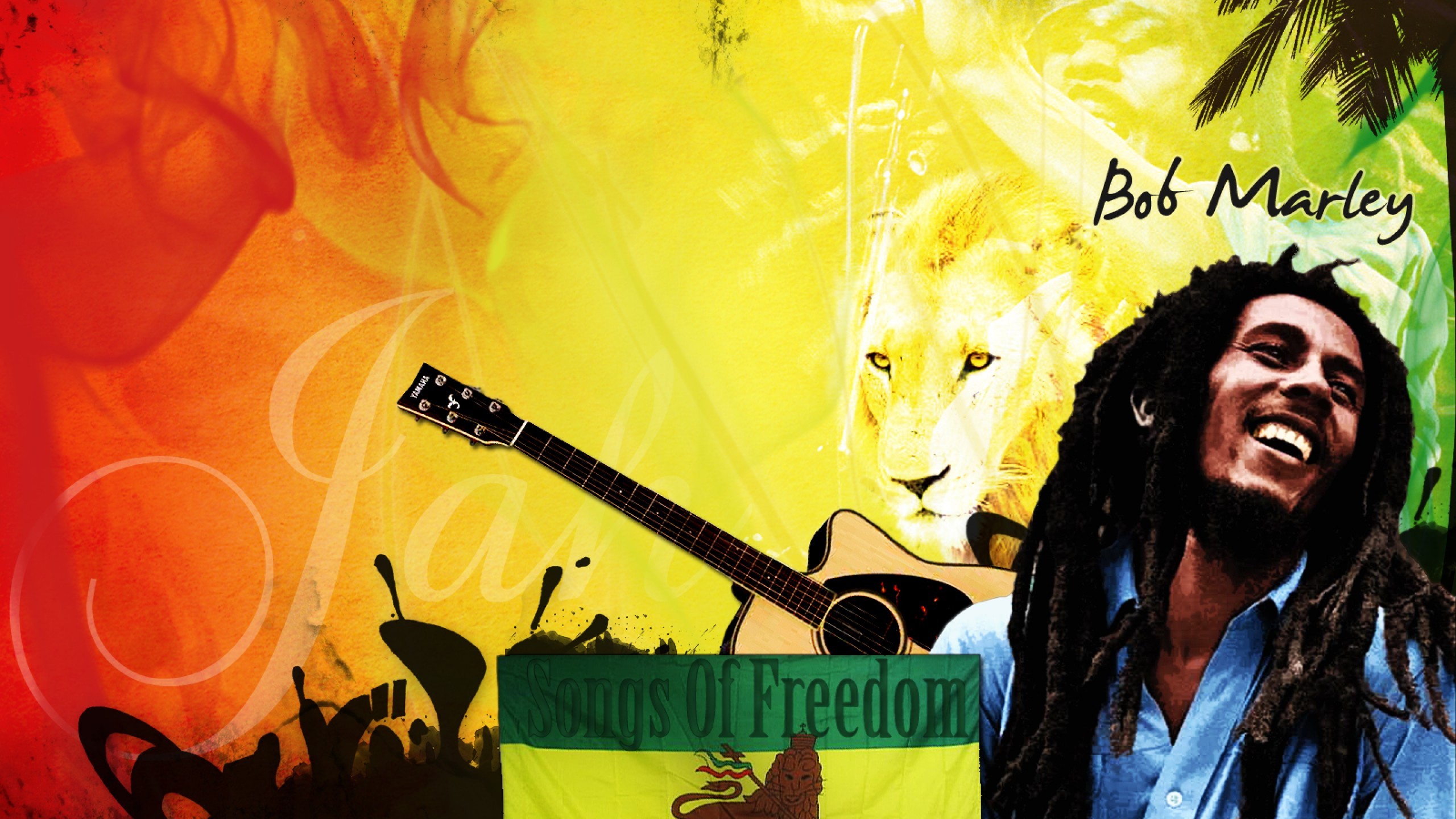 Bob Marley, Songs of Freedom, Chitarra, Leone, Colori rasta, 2K 1440p, sfondo desktop