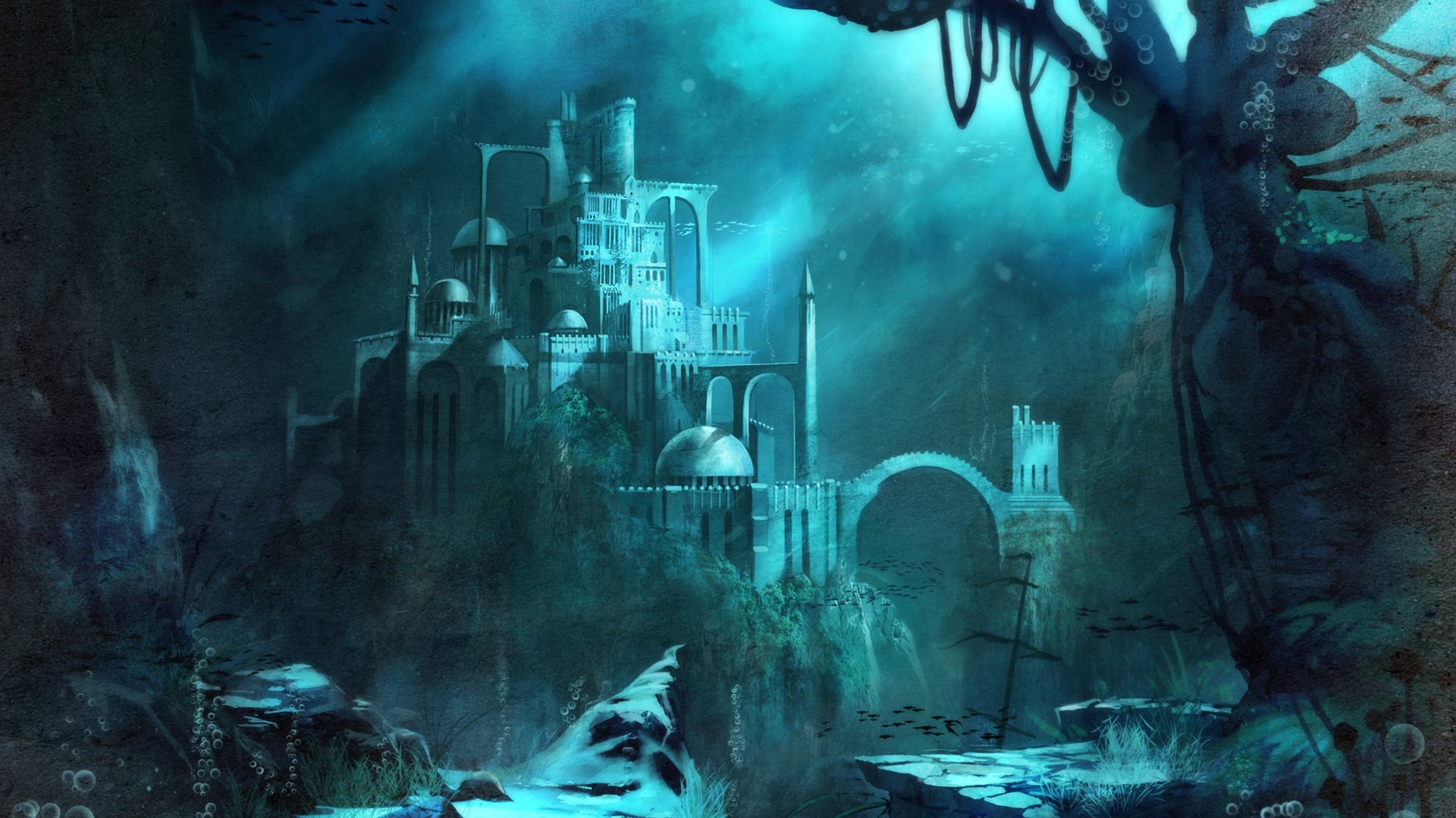 Atlantide, Città sommersa, Fantasy, Rovine, Full HD, sfondo per PC