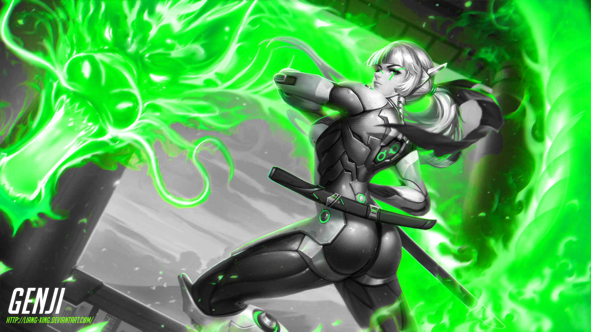 Genji, Overwatch, Genderswap, Drago verde, Fan art, Full HD, wallpaper per computer