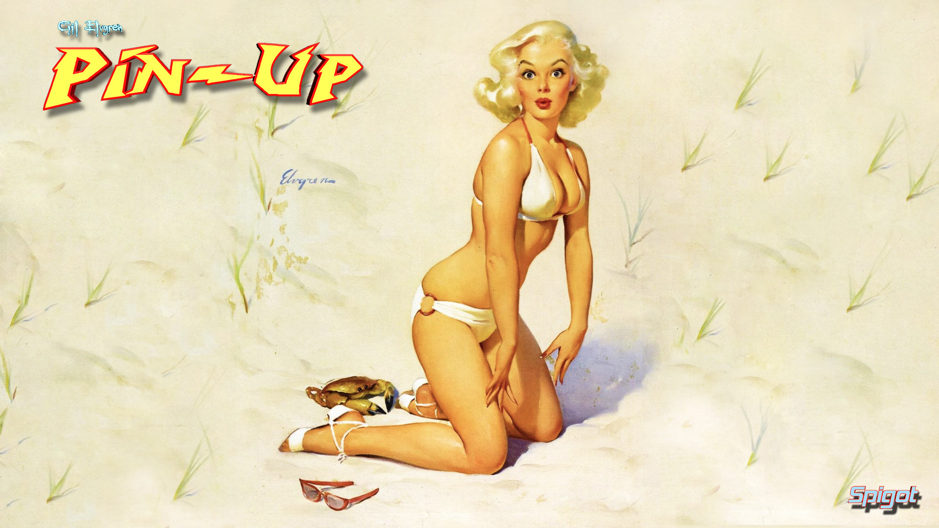 Gil Elvgren, Pin-up, Bikini bianco, Tartaruga, Dipinto, Full HD, sfondo per portatile