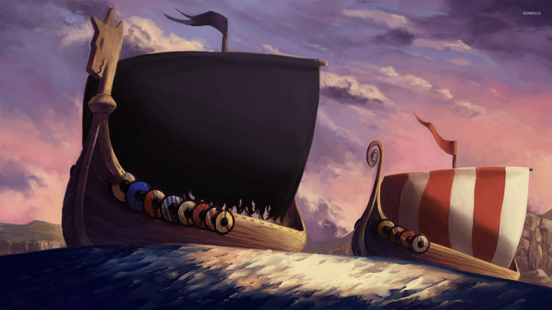 Drakkar, Mare, Tramonto, Illustrazione, Full HD, sfondo per PC e portatile