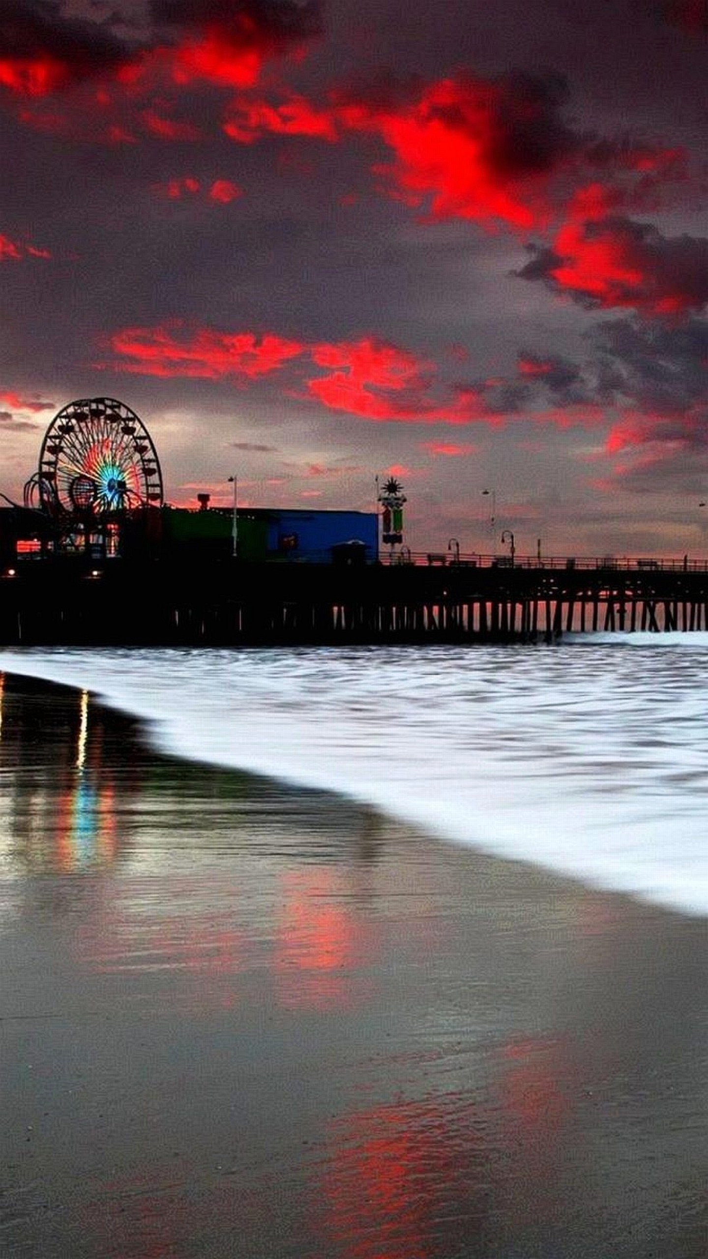 Santa Monica Pier, Ruota panoramica, Spiaggia, Cielo rosso, sfondo per iPhone e Android
