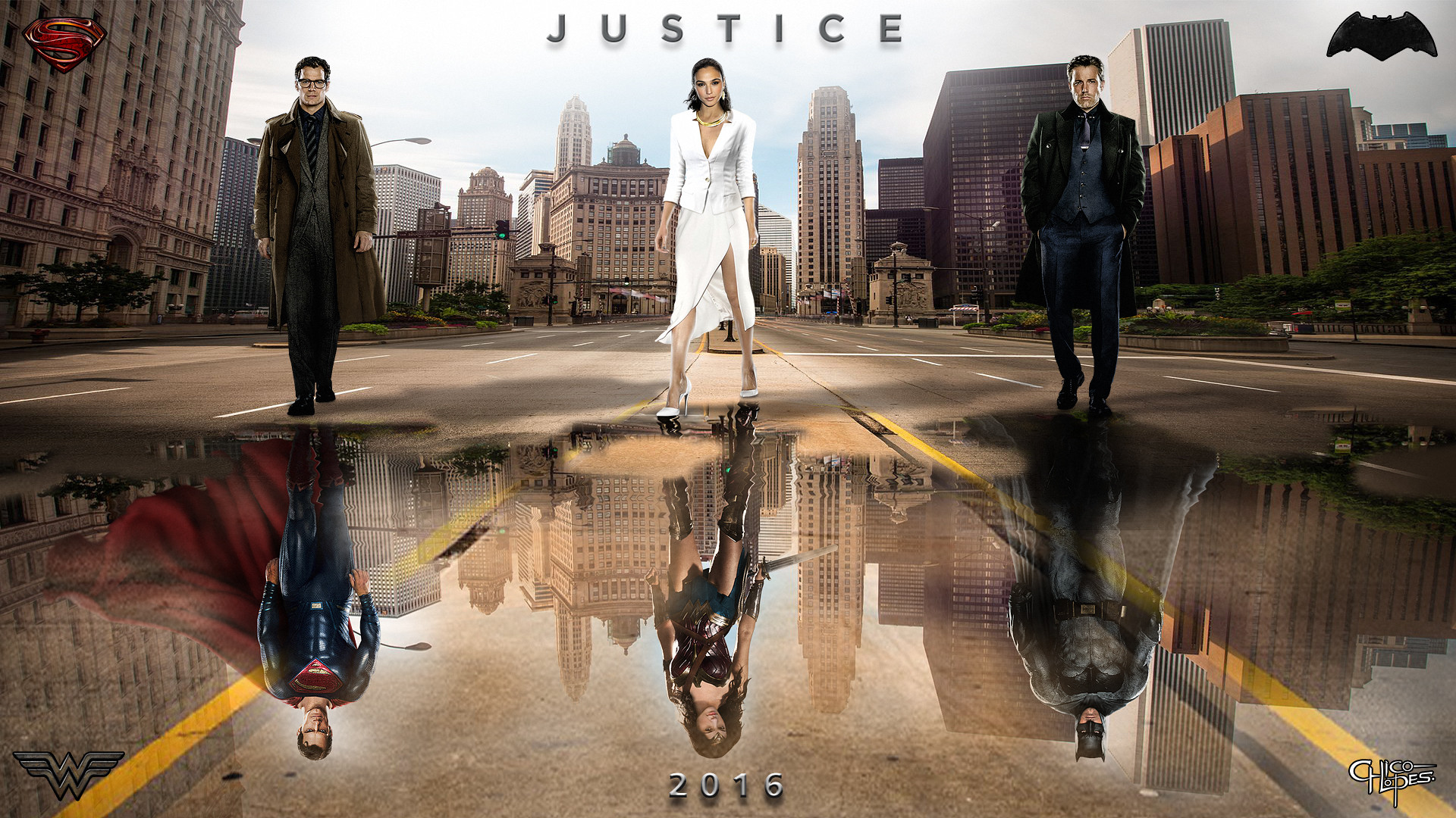 Clark Kent, Diana Prince, Bruce Wayne, Justice, Riflesso, 1920x1080, sfondo per PC
