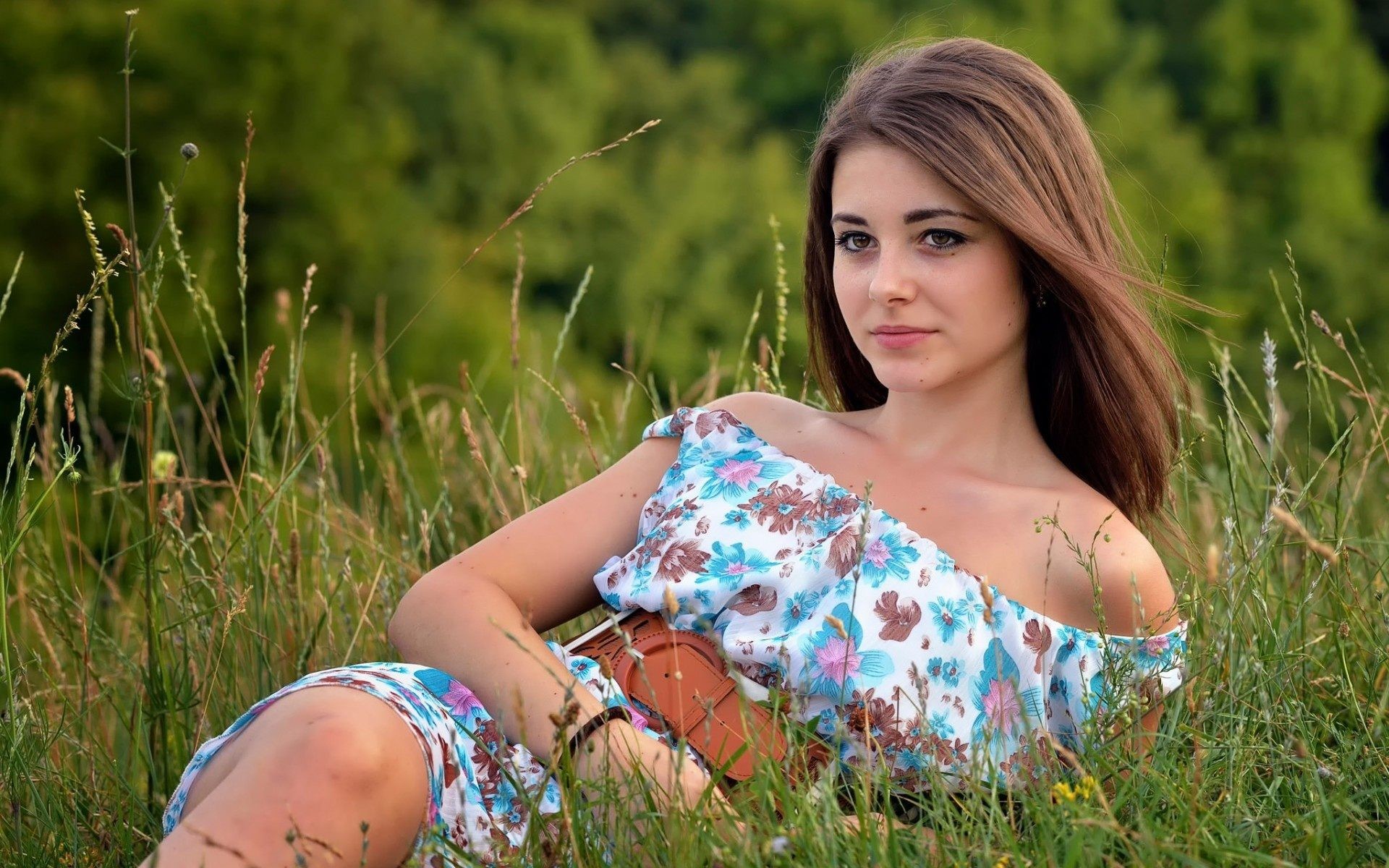 Ragazza, Prato, Vestito floreale, Estate, 16:10 Full HD, sfondo widescreen