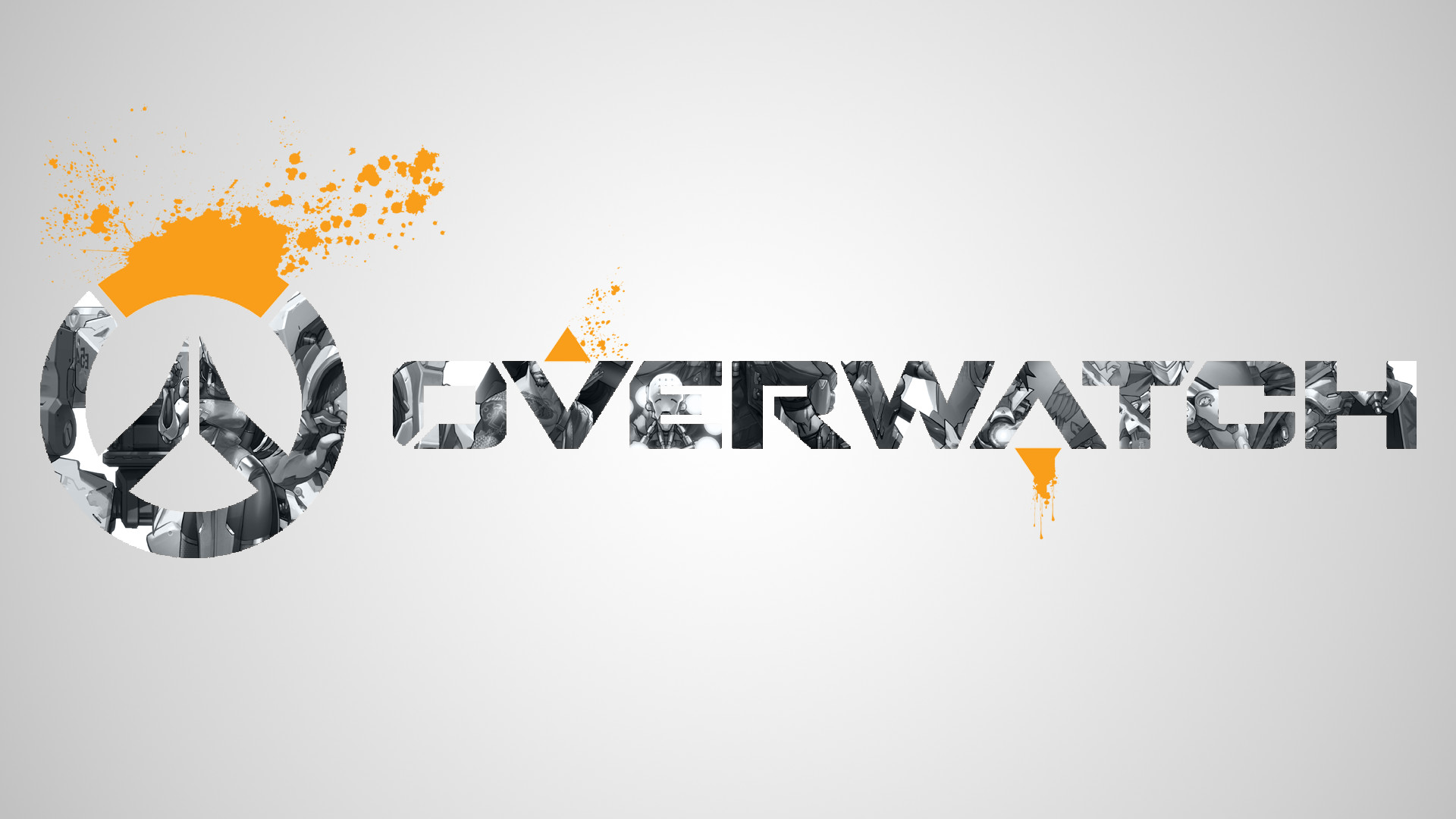 Logo di Overwatch, Overwatch, Mimetico, Schizzi arancioni, Sfondo grigio, wallpaper Windows 11