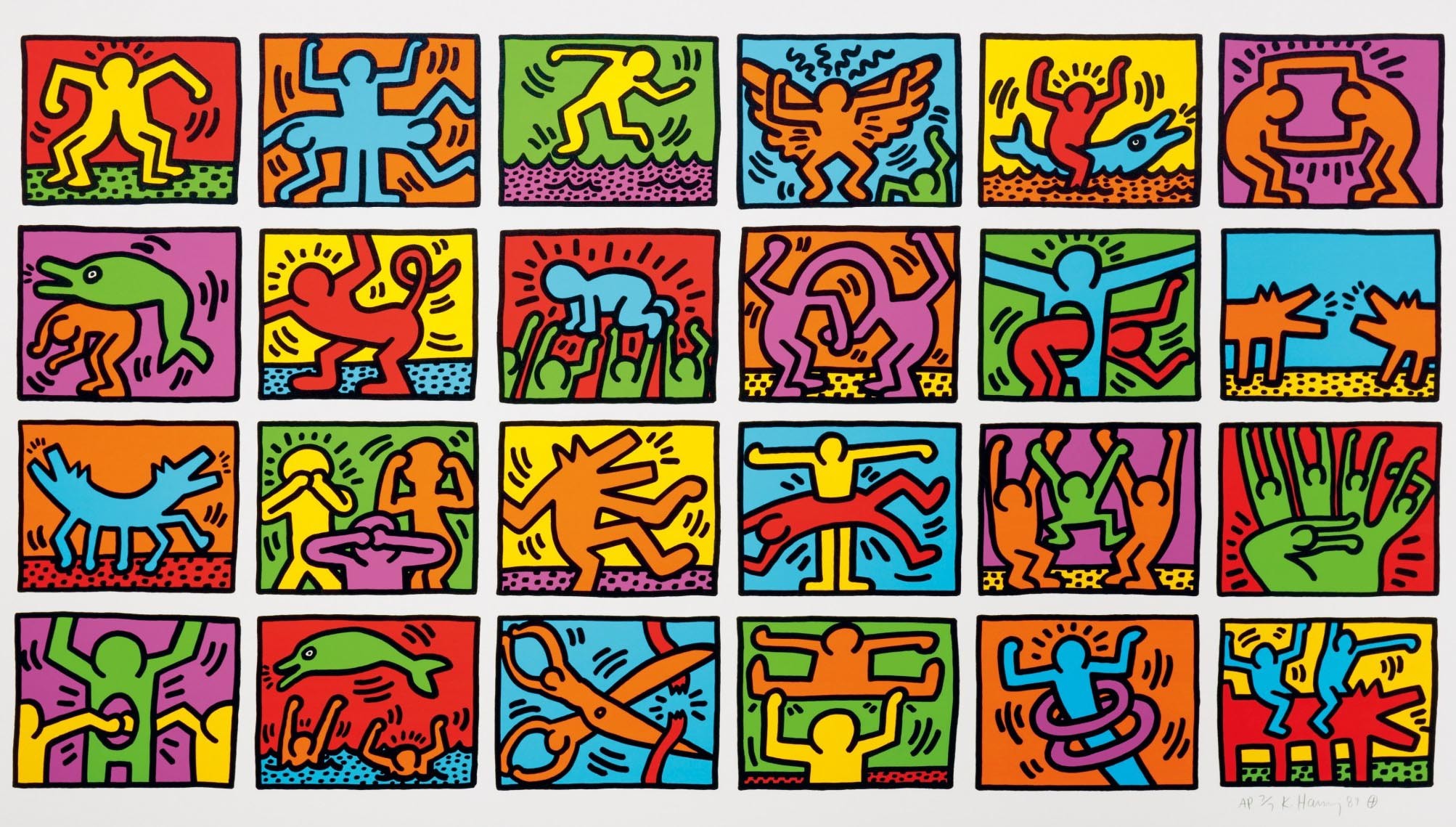 Keith Haring, Pop Shop, Griglia colorata, Pop art, Full HD, sfondo per PC