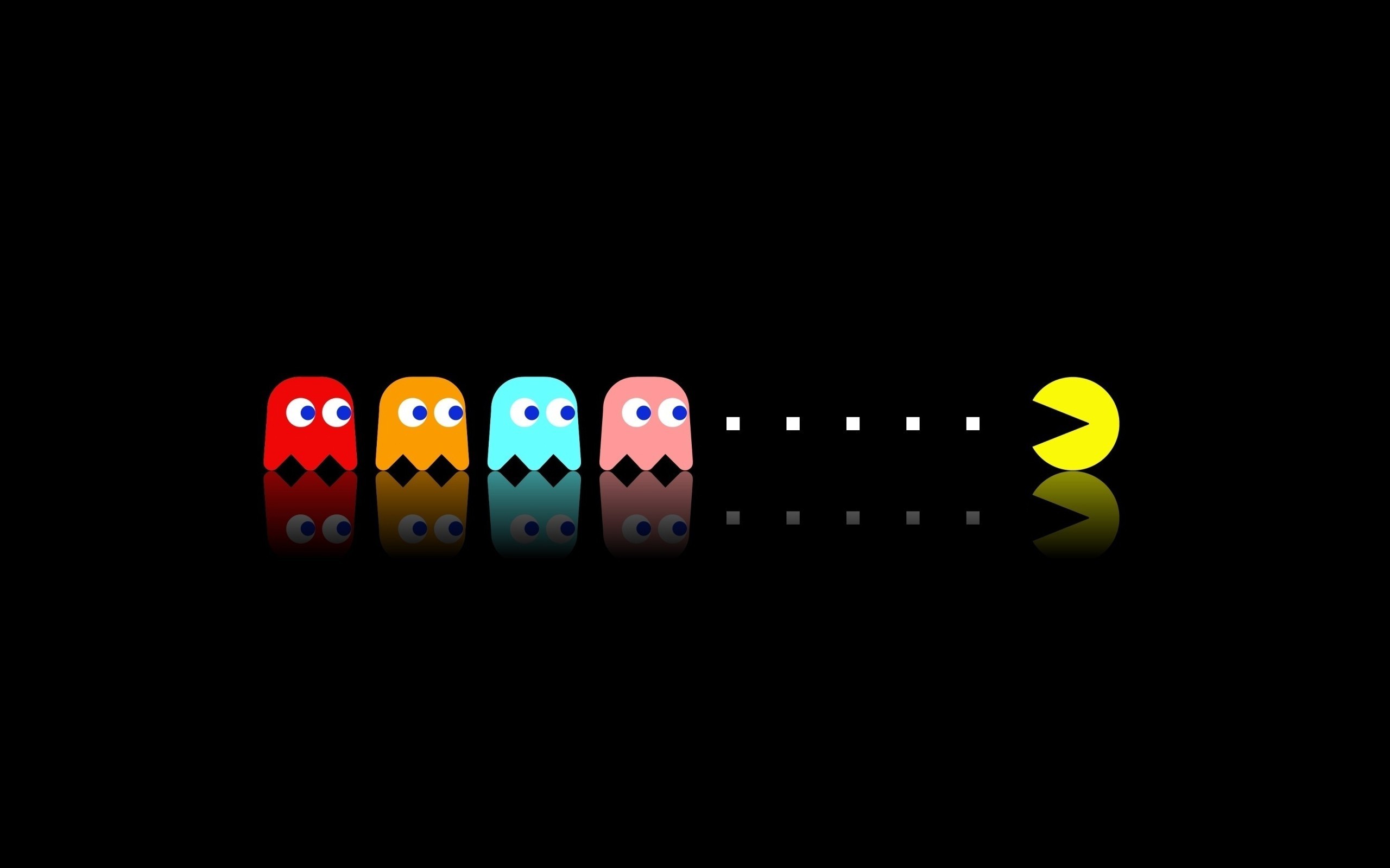 Pac-Man, Fantasmi, Puntini, Sfondo nero, Riflesso, 2560x1600, wallpaper desktop