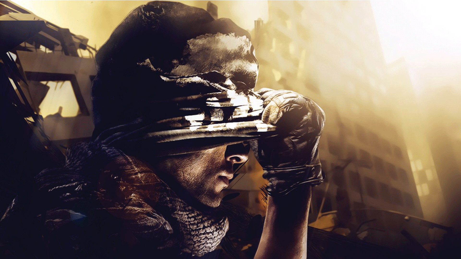 Call of Duty: Ghosts, Call of Duty, Soldato, Maschera teschio, Luce dorata, sfondo widescreen Full HD