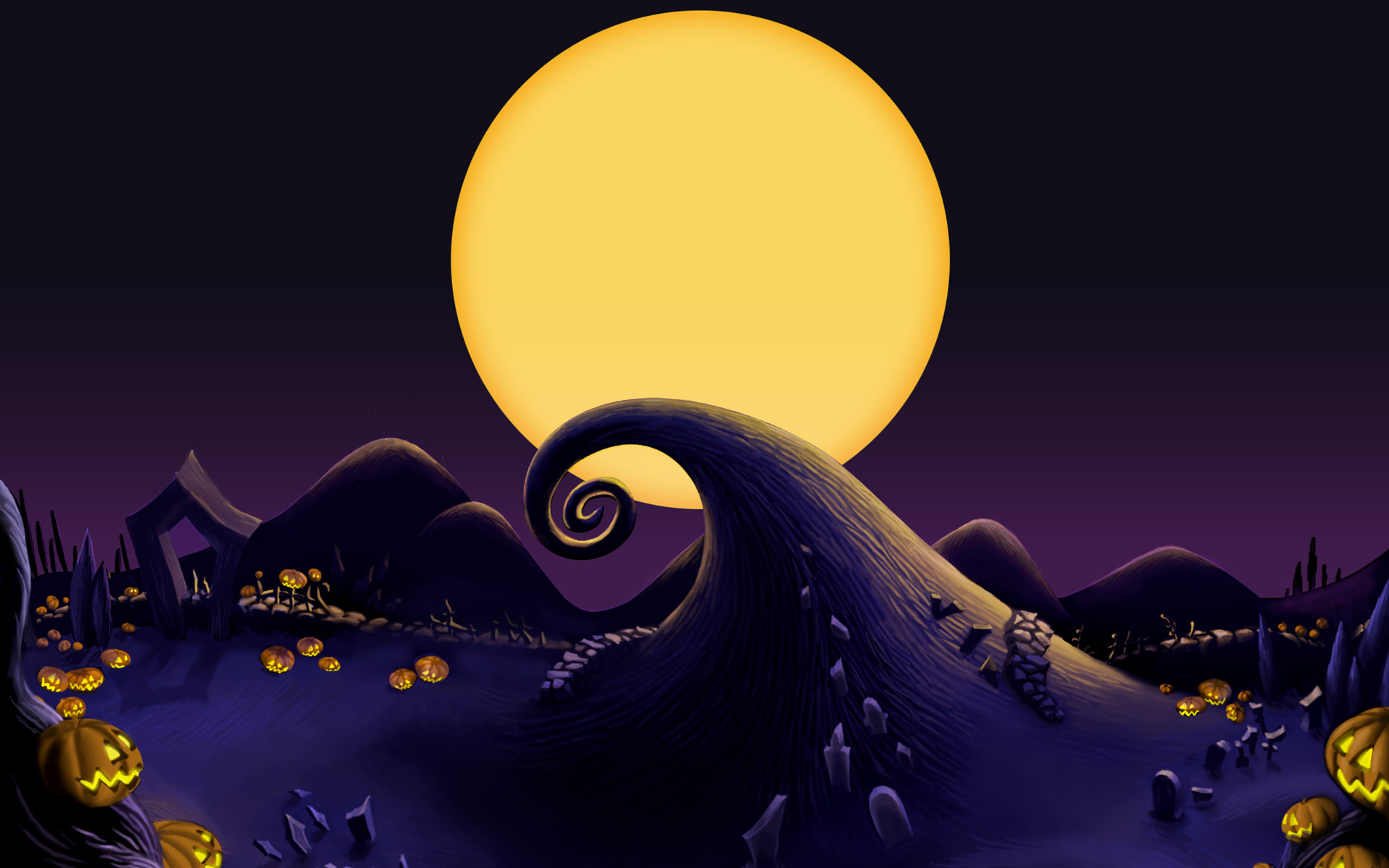 Nightmare Before Christmas, Collina a spirale, Luna piena, Zucche, Tim Burton, sfondo Full HD