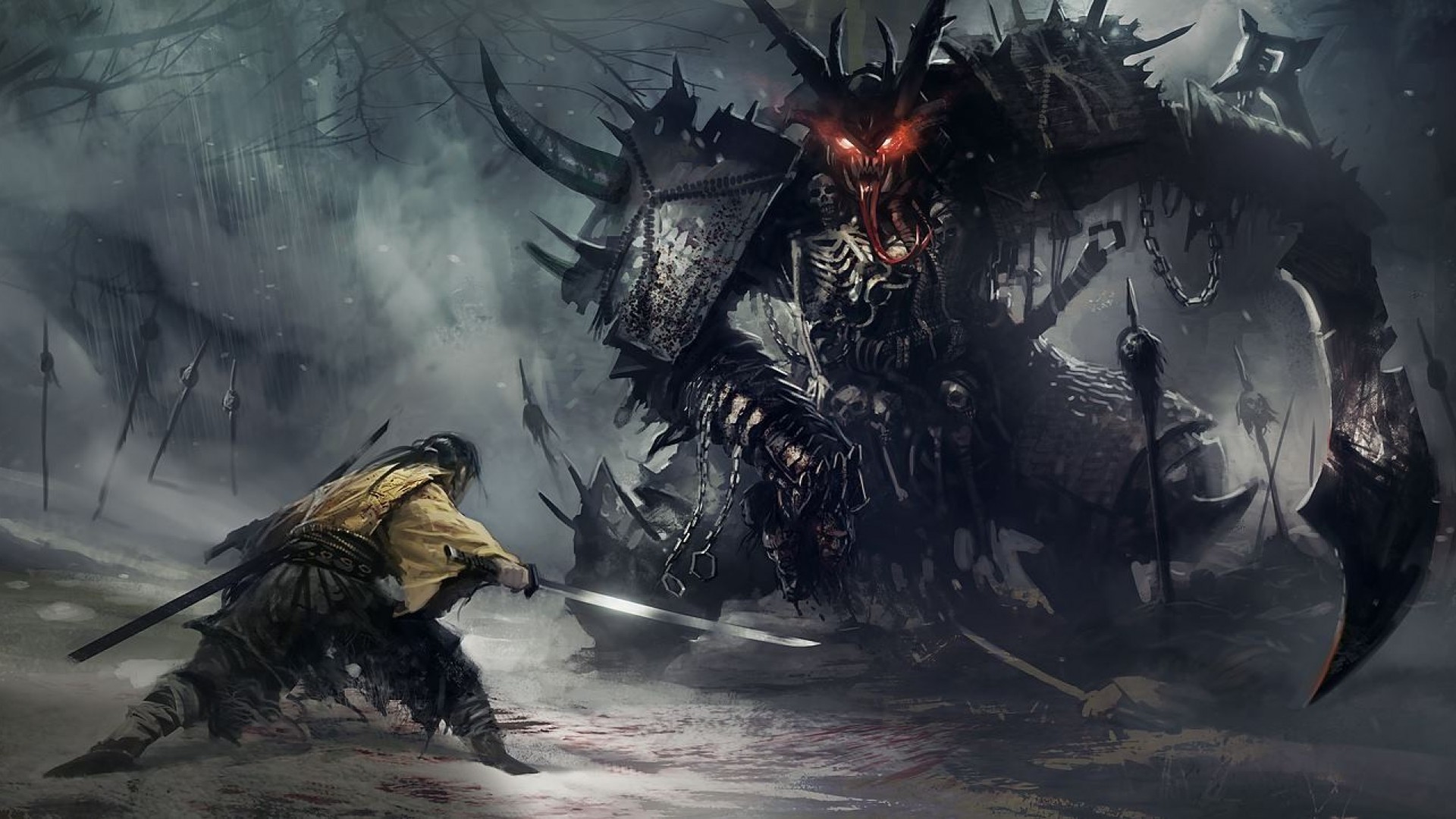 Samurai, Demone, Battaglia, Arte fantasy, Pioggia, Full HD, sfondo per PC e portatile