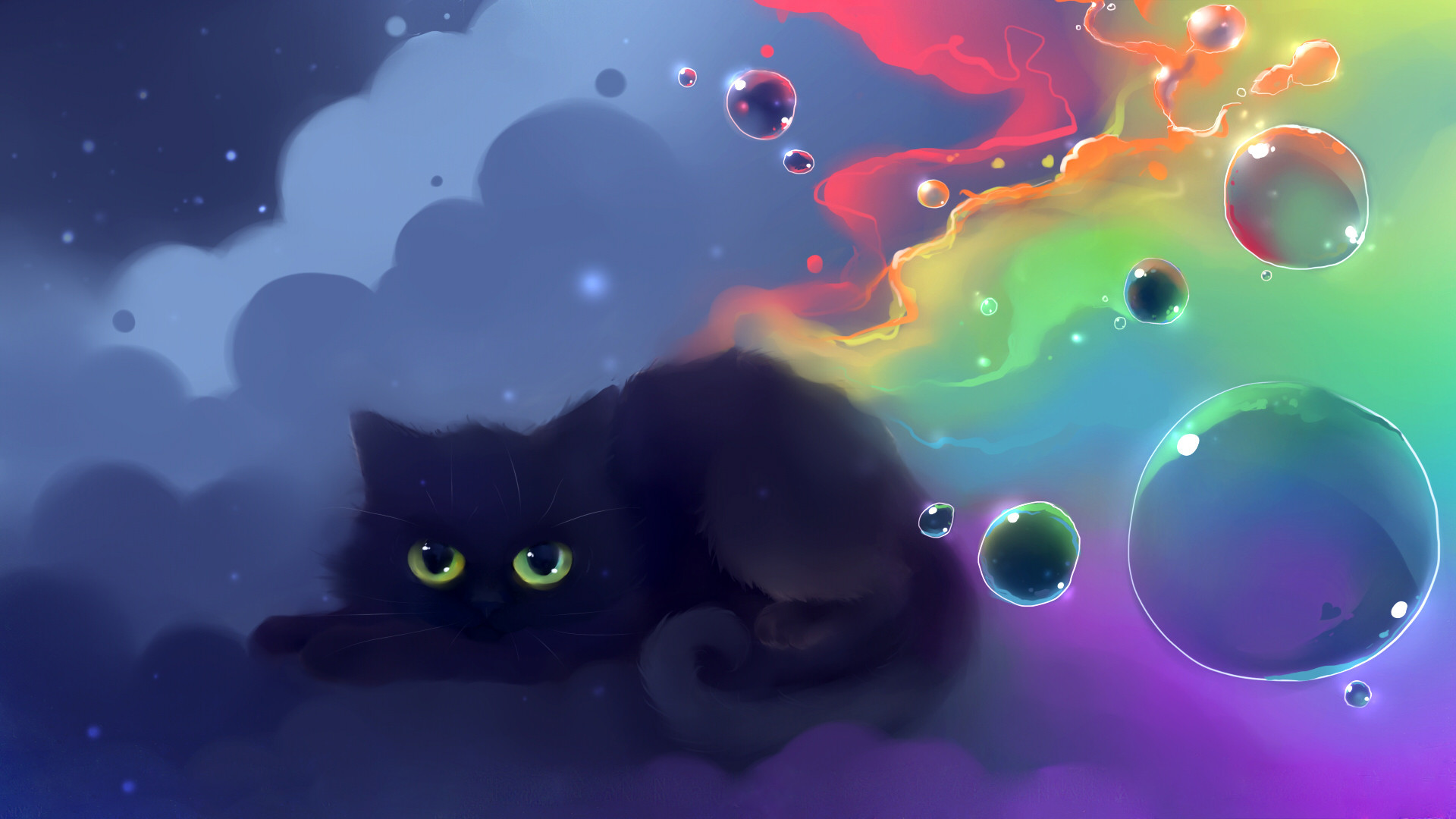 Gatto nero, Illustrazione, Bolle, Arcobaleno, Arte digitale, 1920x1080, sfondo per PC