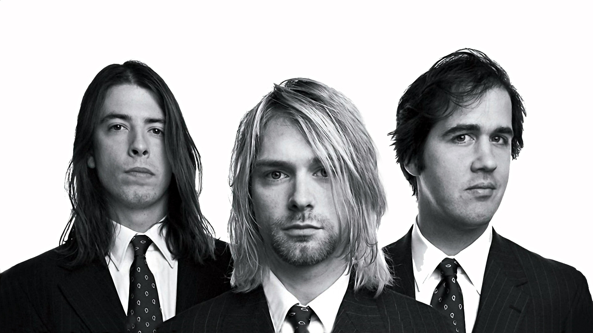 Kurt Cobain, Dave Grohl, Krist Novoselic, Nirvana, Sfondo bianco, wallpaper Windows 11