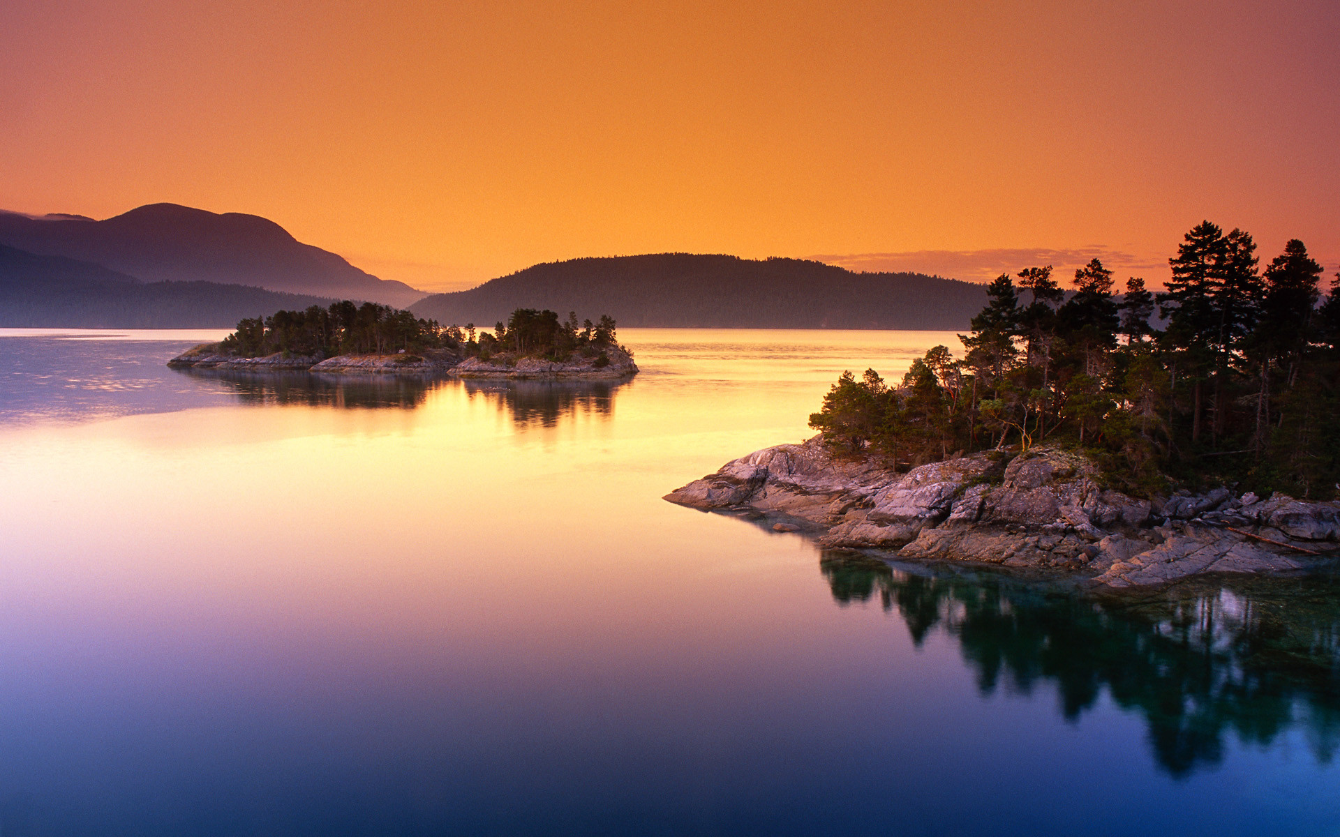 Lago, Isolotti, Tramonto, Riflessi, 1920x1200, sfondo per PC