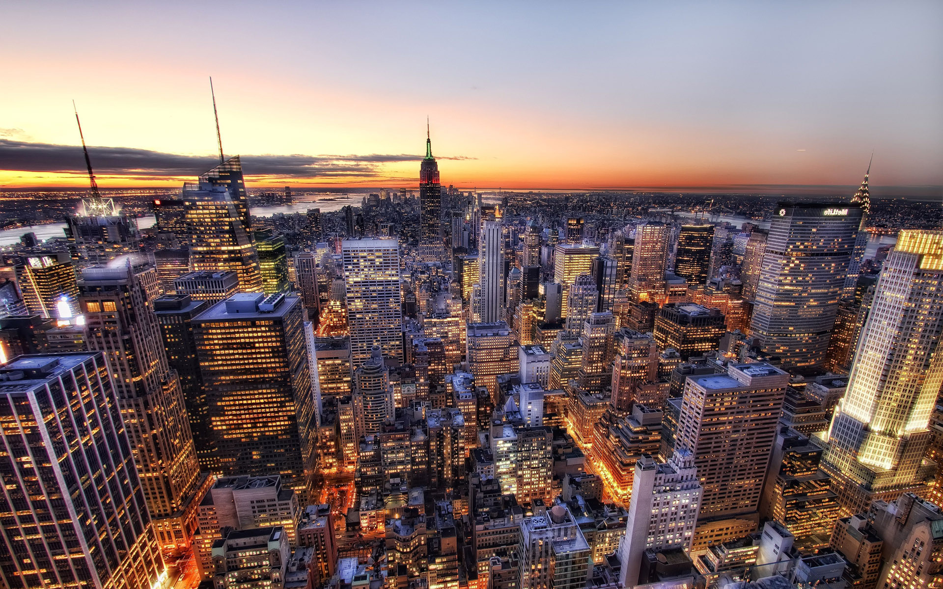 Manhattan, Empire State Building, New York, Tramonto, Vista aerea, sfondo Full HD per portatile