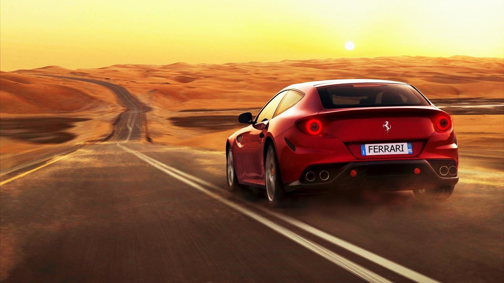 Ferrari FF, Deserto, Tramonto, Strada, Rosso, Full HD, sfondo Windows 11