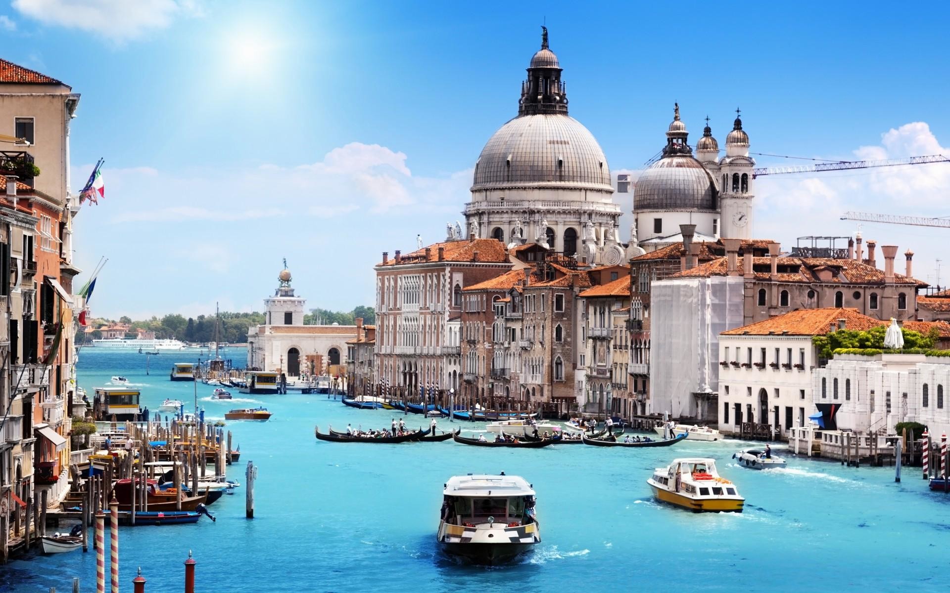 Canal Grande, Basilica di Santa Maria della Salute, Venezia, Italia, Vaporetti, sfondo Full HD