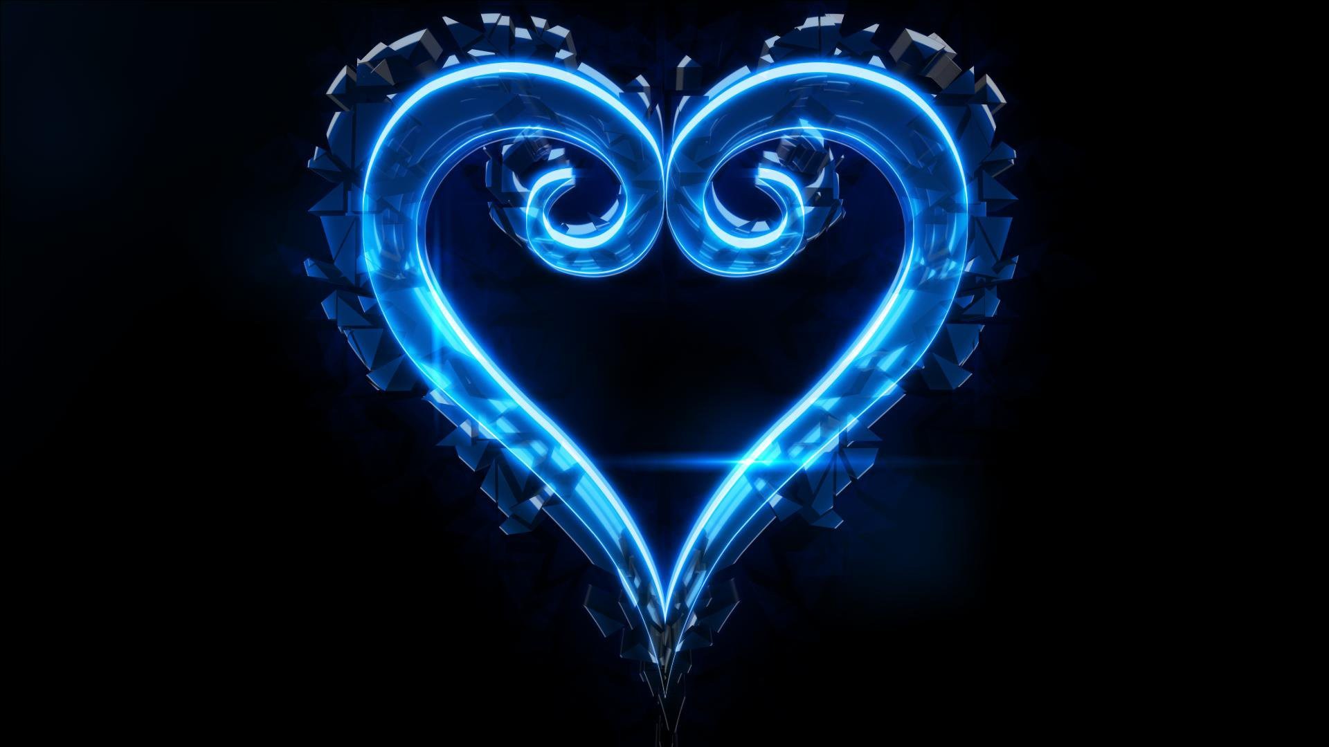 Kingdom Hearts, Cuore, Emblema, Blu neon, Sfondo nero, Full HD, wallpaper desktop