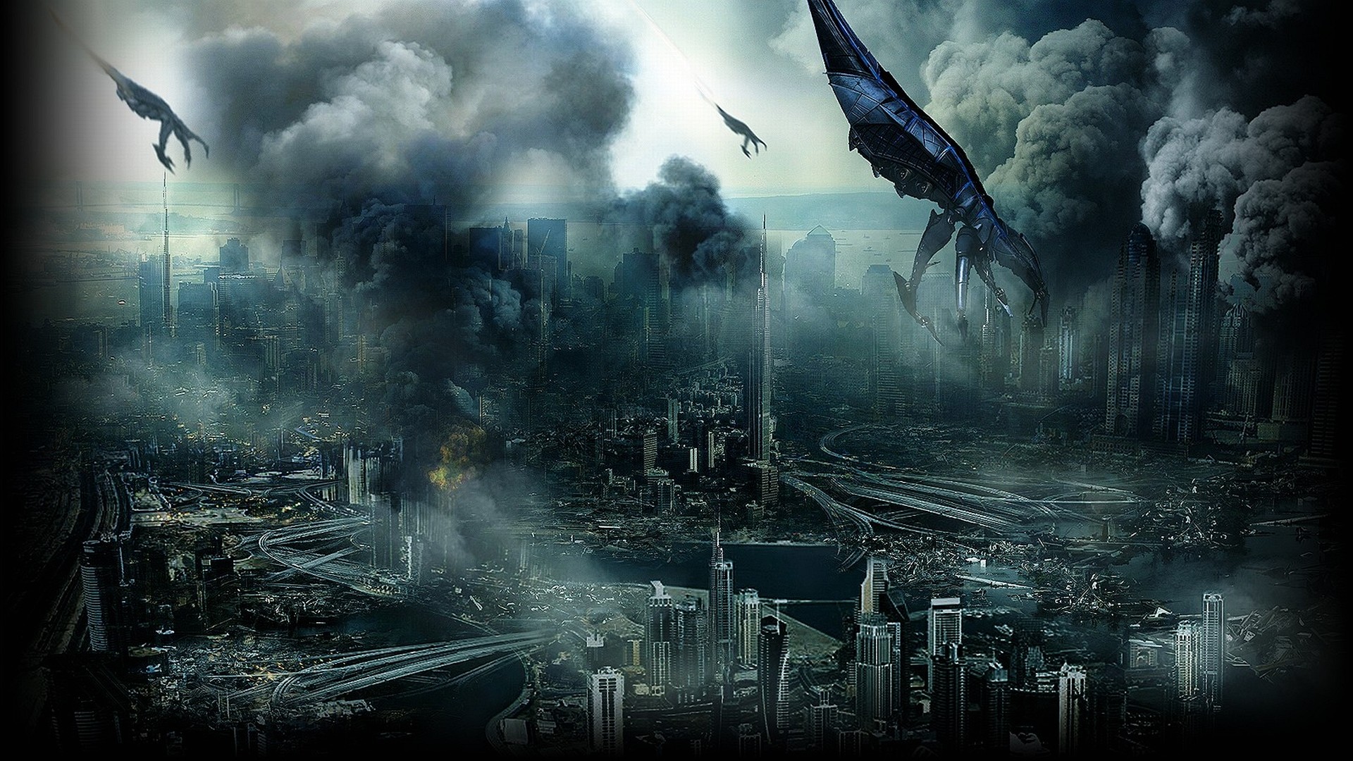 Invasione aliena, Città distrutta, Fantascienza, Fumo, Full HD 1080p, sfondo desktop