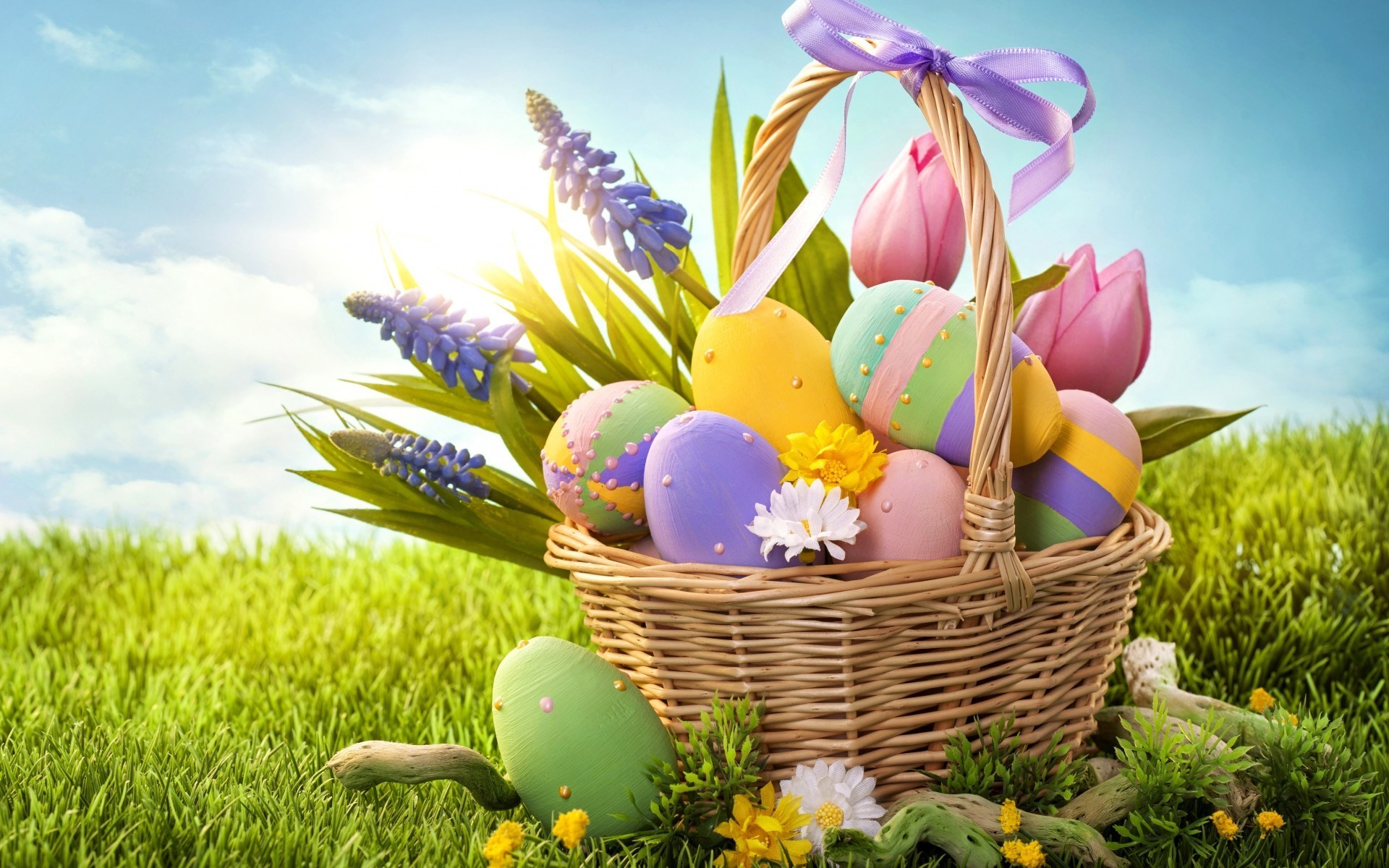 Cestino pasquale, Uova di Pasqua, Tulipani, Muscari, Prato, 1920x1200, sfondo MacBook Pro