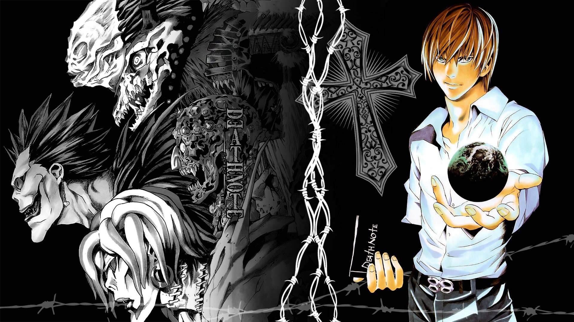 Ryuk, Light Yagami, Misa Amane, Death Note, Croce, Collage, 1920x1080, immagine di sfondo
