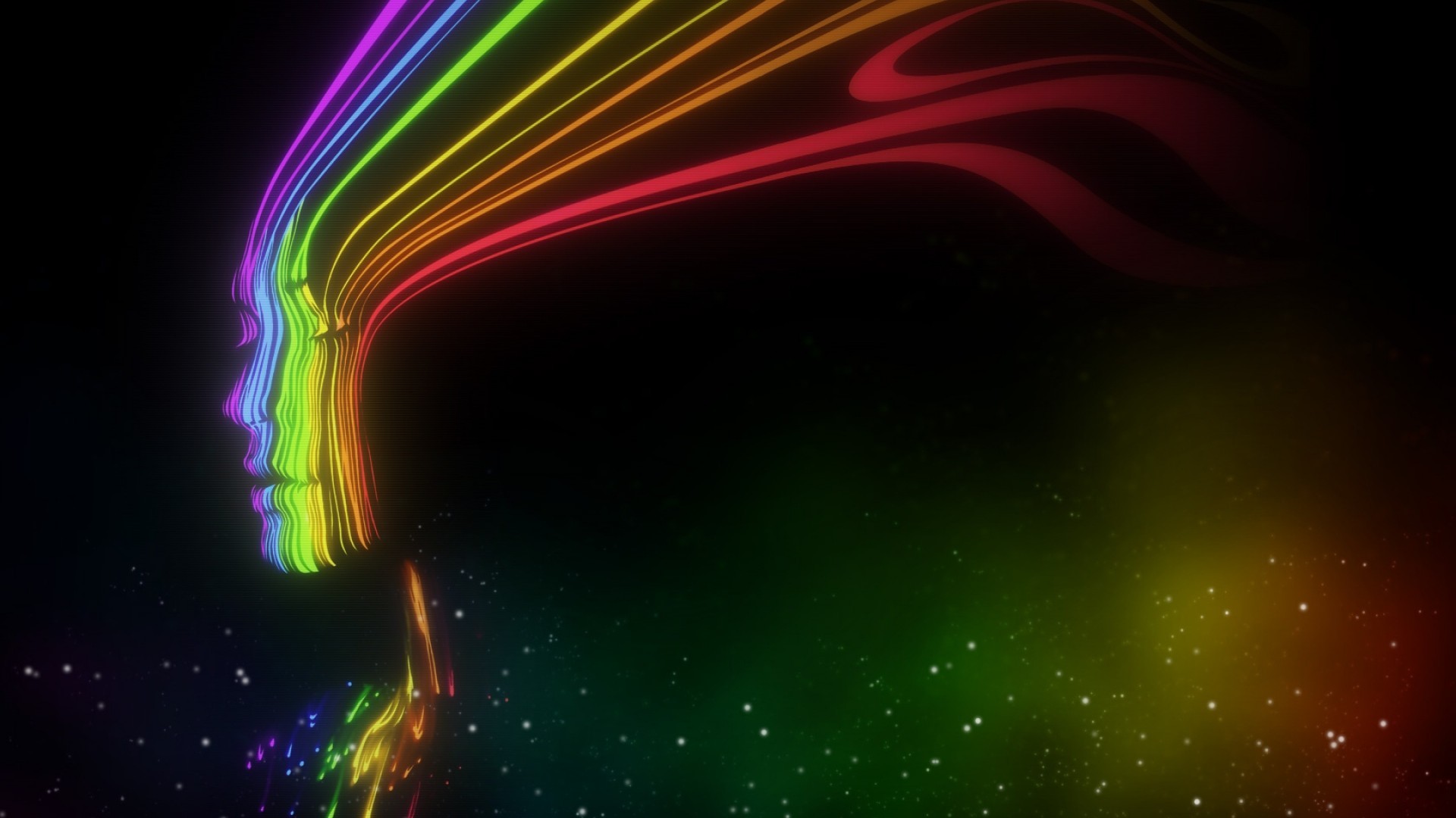 Profilo di volto, Linee arcobaleno, Neon, Sfondo nero, 16:9 Full HD, wallpaper widescreen
