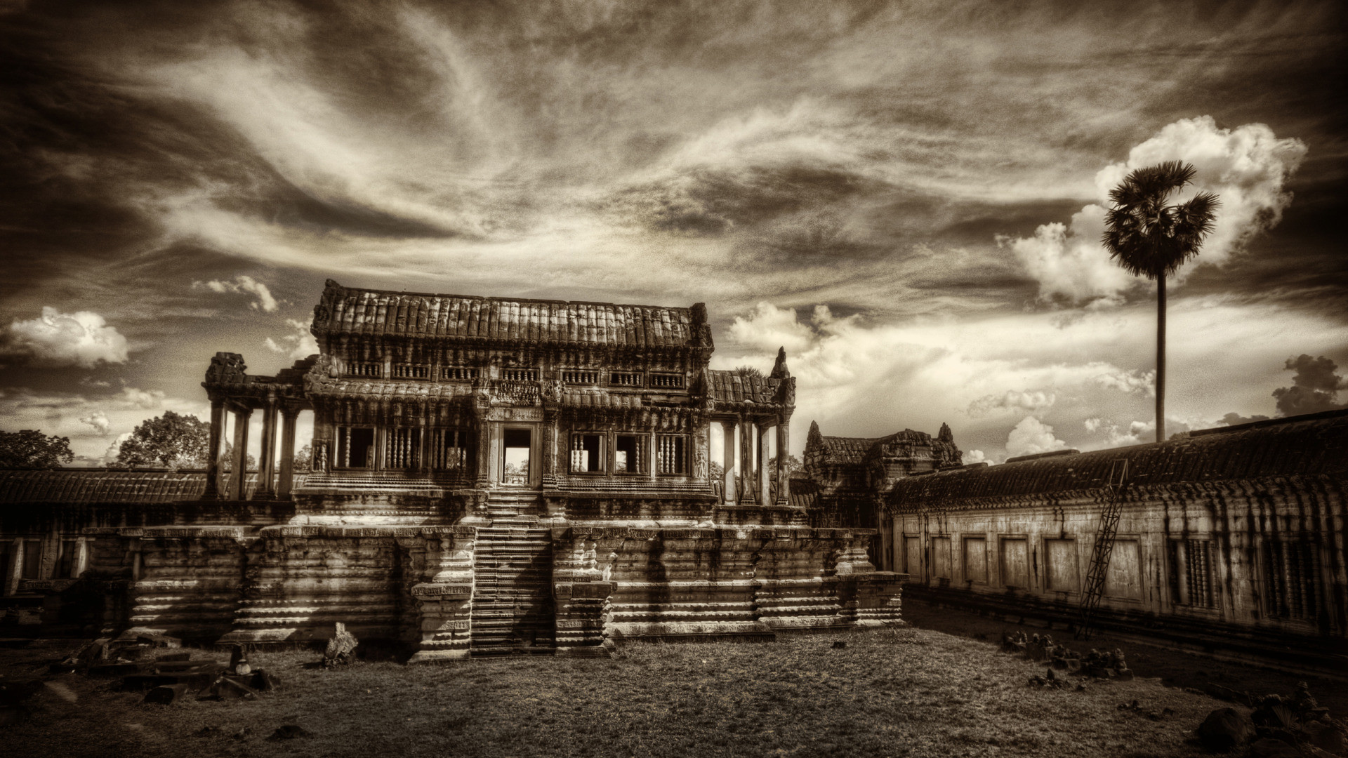 Angkor Wat, Cambogia, Tempio, Bianco e nero, Full HD, sfondo per PC e portatile