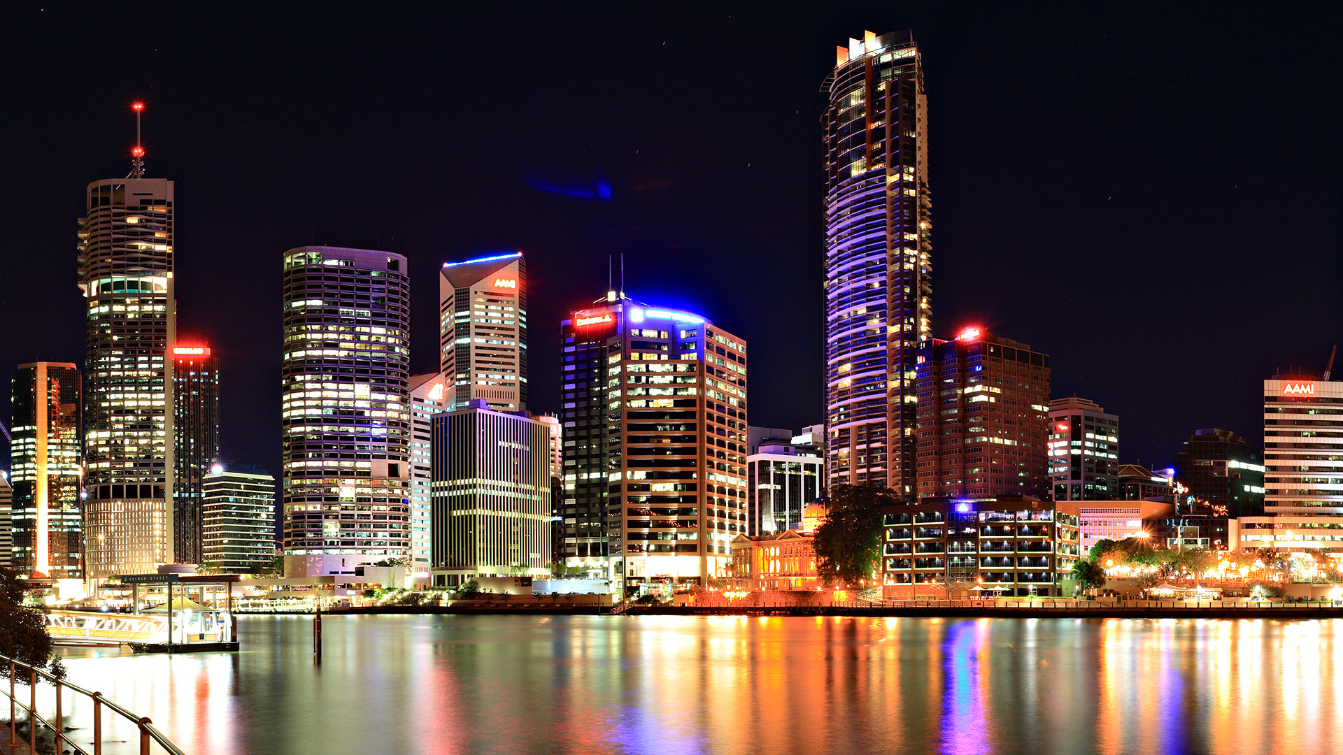 Brisbane, Australia, Skyline, Notte, Riflesso, 1920x1080, sfondo per PC