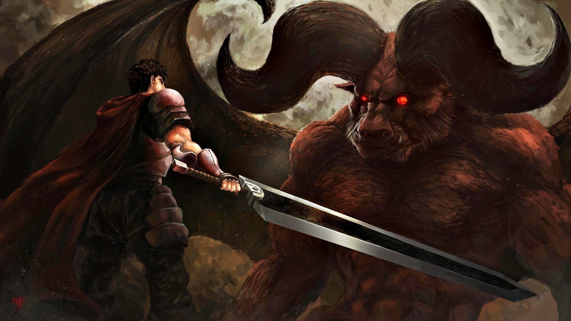 Gatsu, Zodd, Berserk, Ammazzadraghi, Luna piena, Combattimento, 16:9 Full HD, wallpaper widescreen