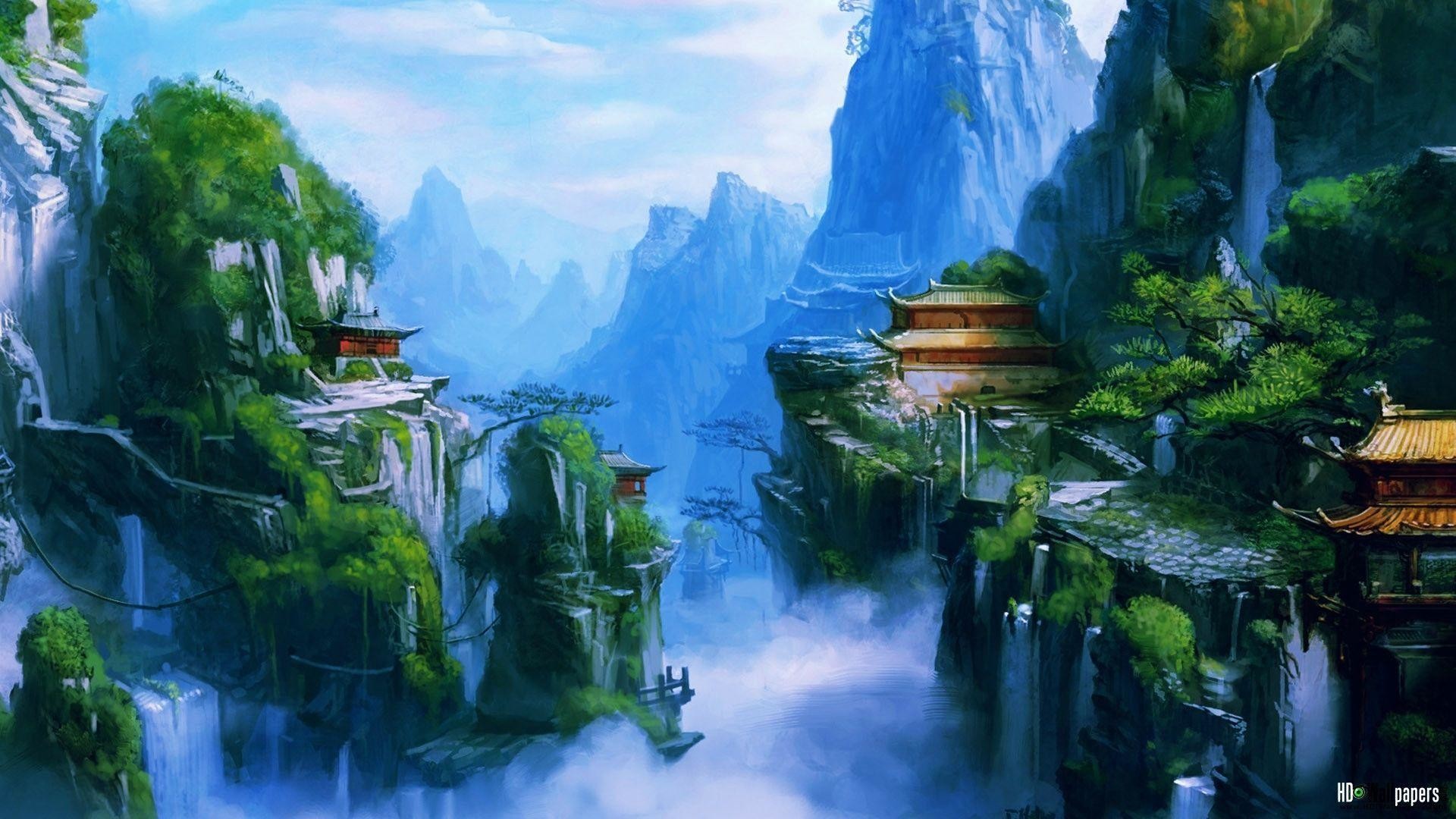 Paesaggio fantasy, Pagode, Montagne, Cascate, Arte digitale, Full HD, wallpaper per PC