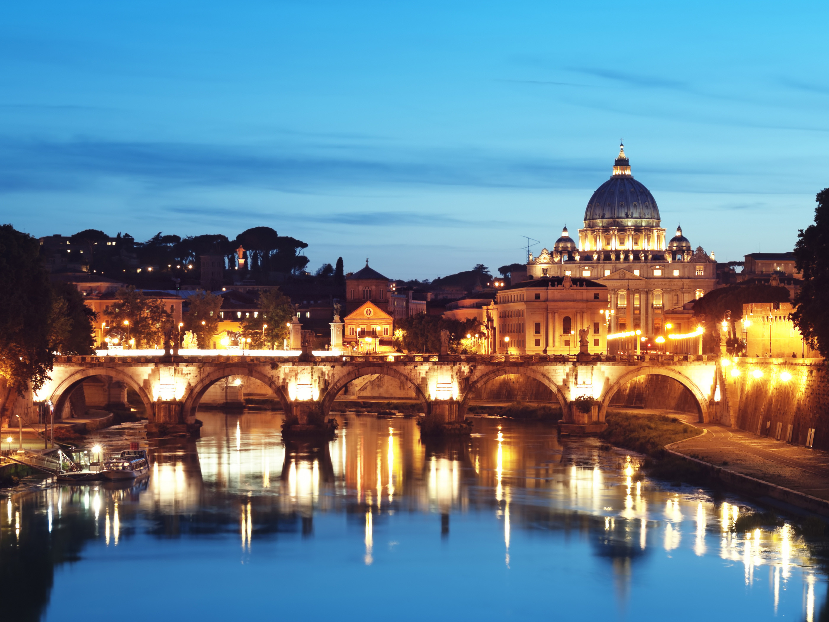 Basilica di San Pietro, Tevere, Roma, Notte, Riflessi, Ponti, sfondo per iPad e tablet