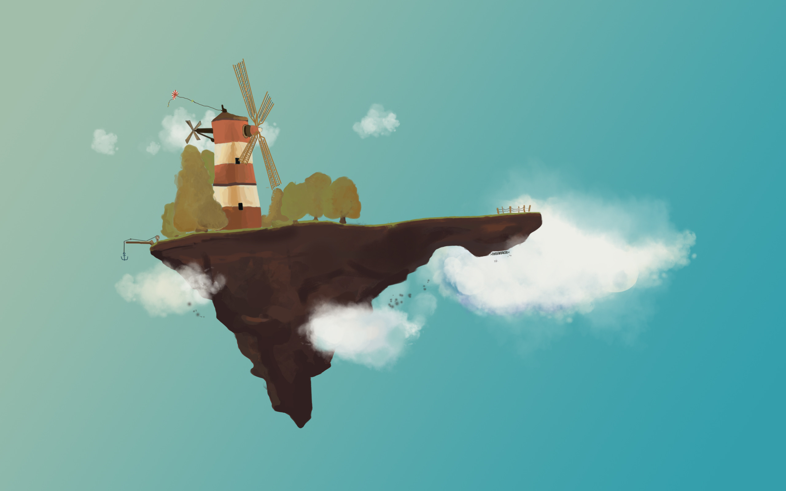 Gorillaz, Feel Good Inc., Isola volante, Mulino a vento, Turchese, sfondo 2K per portatile