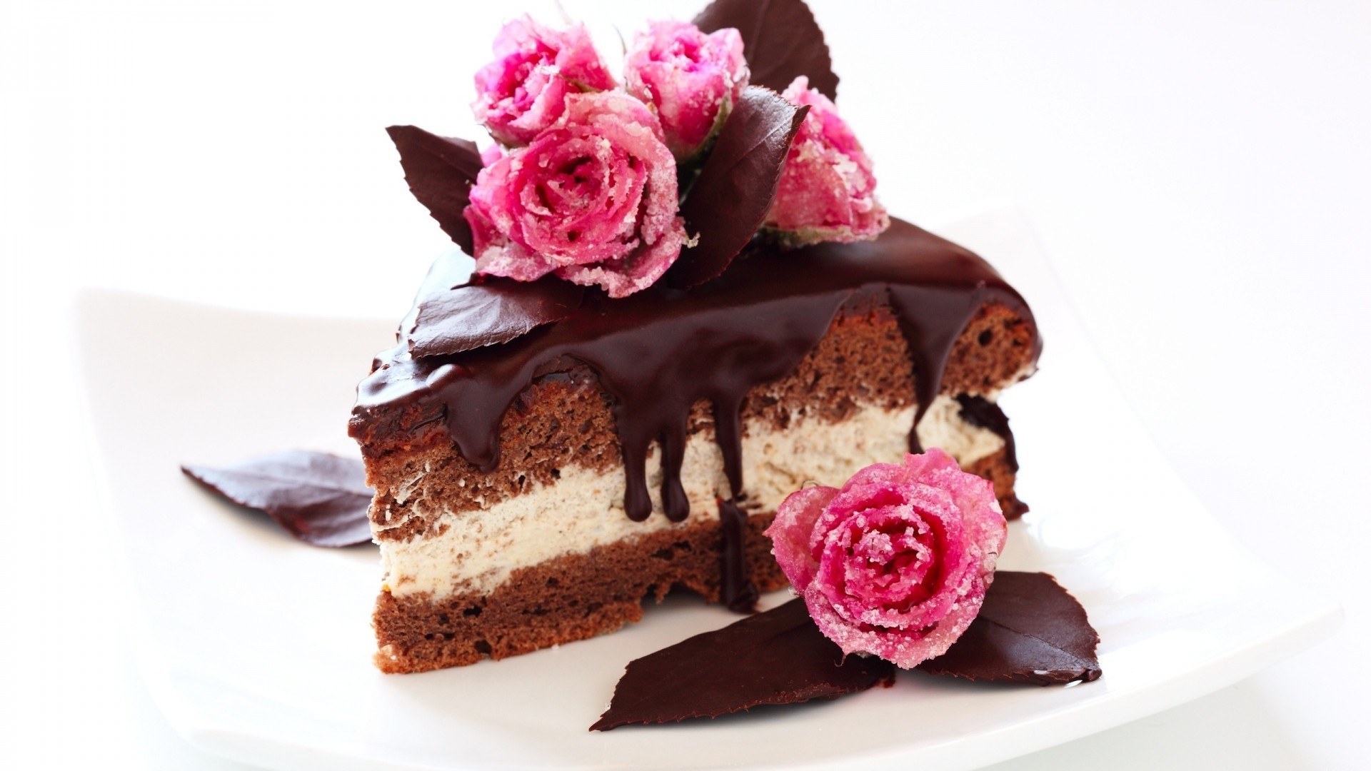 Torta al cioccolato, Fetta di torta, Rose, Dessert, 16:9 Full HD, sfondo widescreen