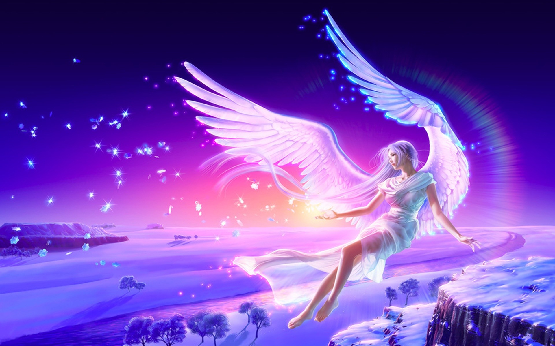 Angelo, Ali bianche, Cielo viola, Arcobaleno, Arte fantasy, 1920x1200, sfondo per PC