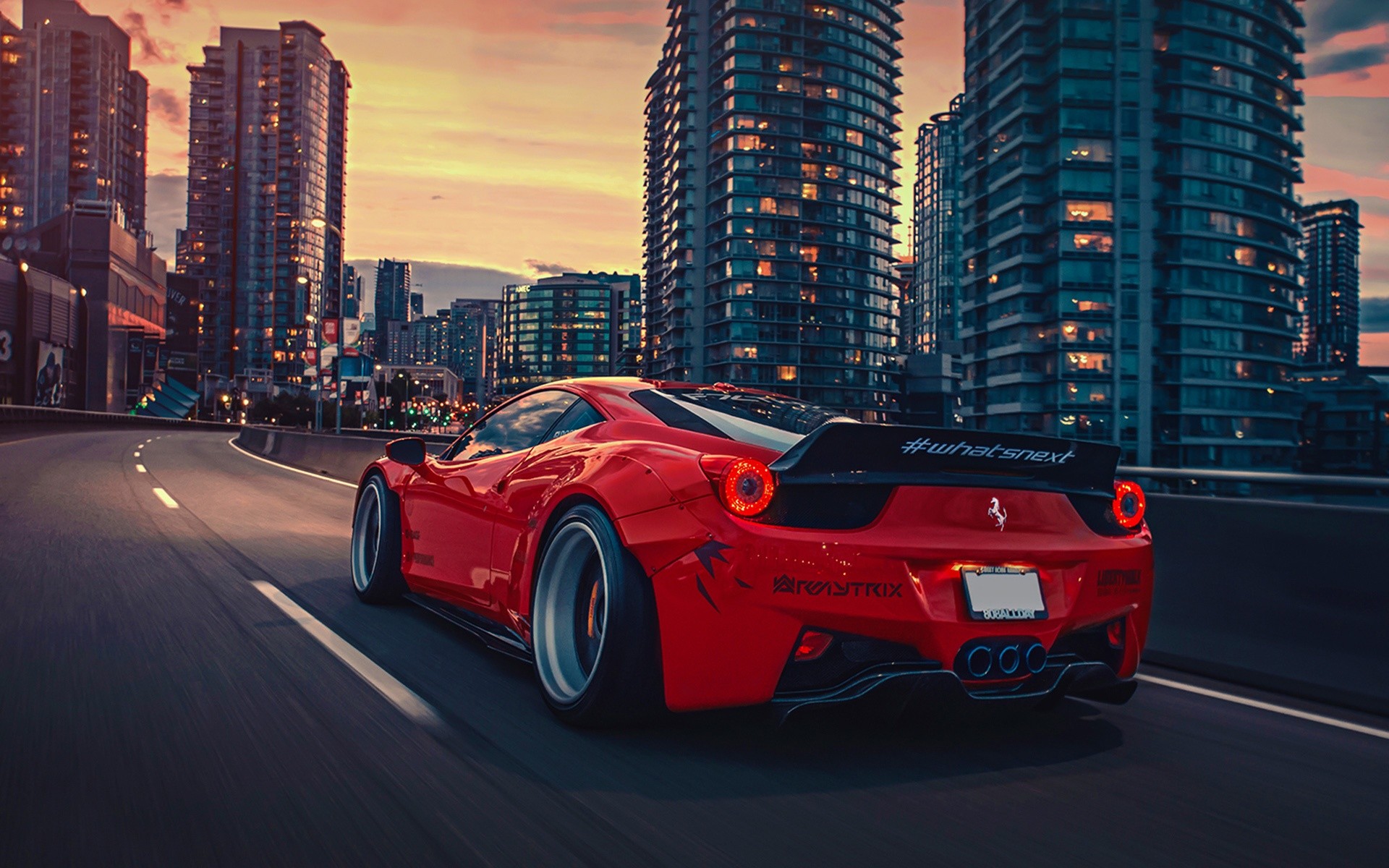 Ferrari 458 Italia, Liberty Walk, Città, Grattacieli, Tramonto, Full HD, sfondo per PC e portatile