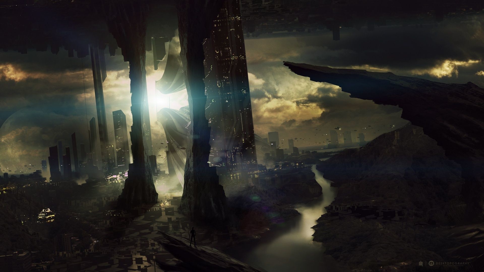 Paesaggio alieno, Rovine, Fiume, Fantascienza, Arte digitale, 16:9 Full HD, sfondo widescreen