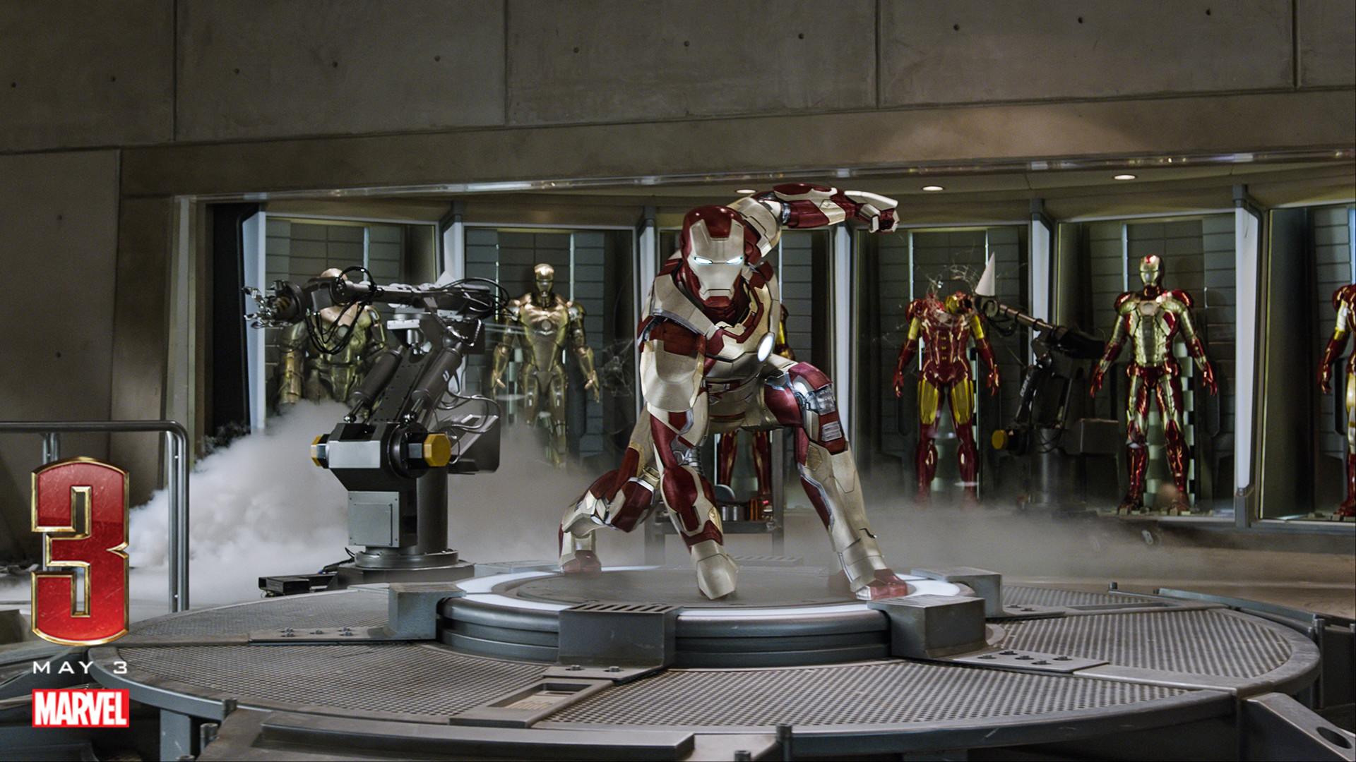 Iron Man 3, Iron Man, Laboratorio, Armature, Marvel, 1920x1080, sfondo per PC